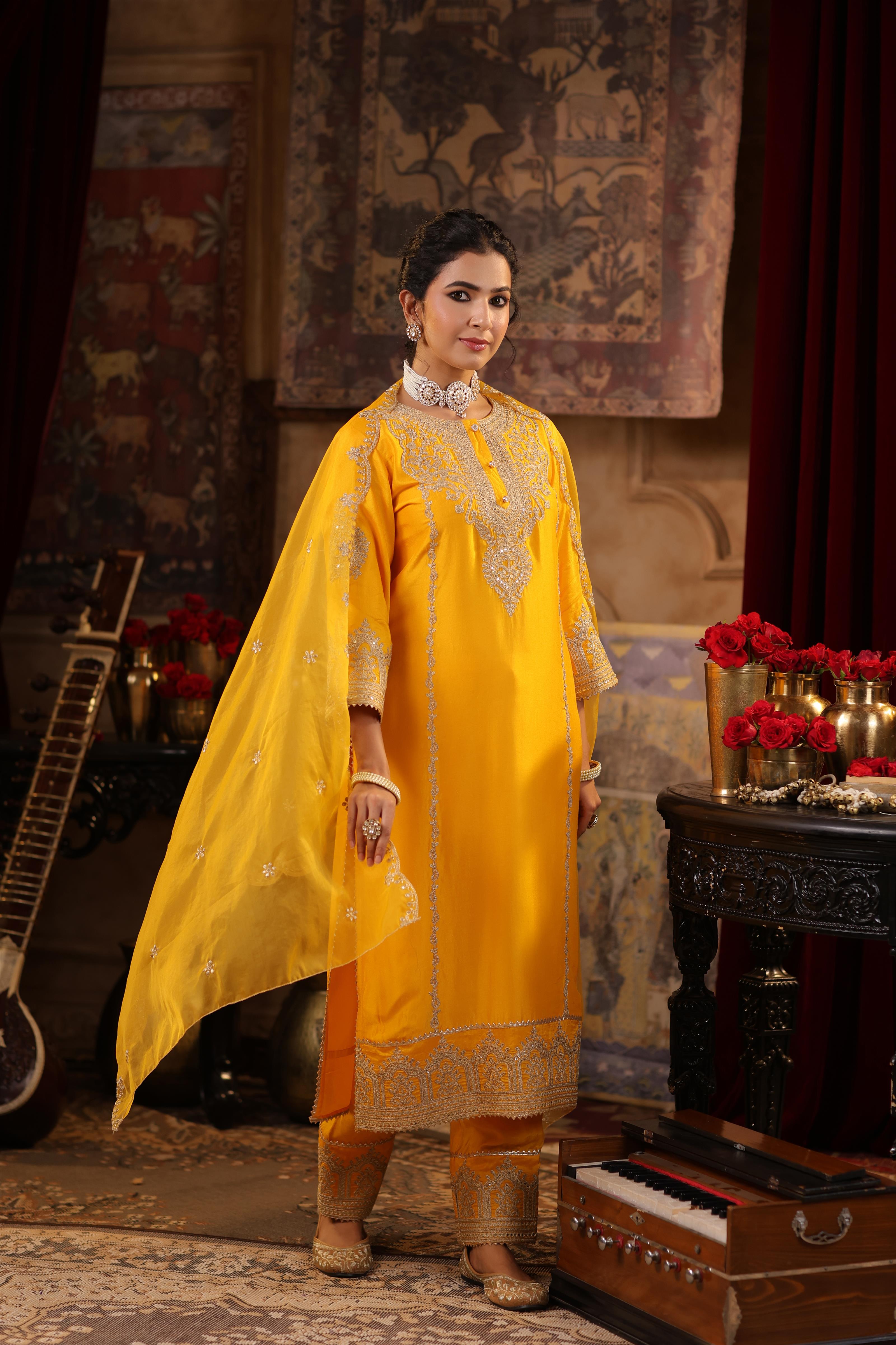 Mustard Dupion Silk Dori-Sequin Embroidered Suit Set