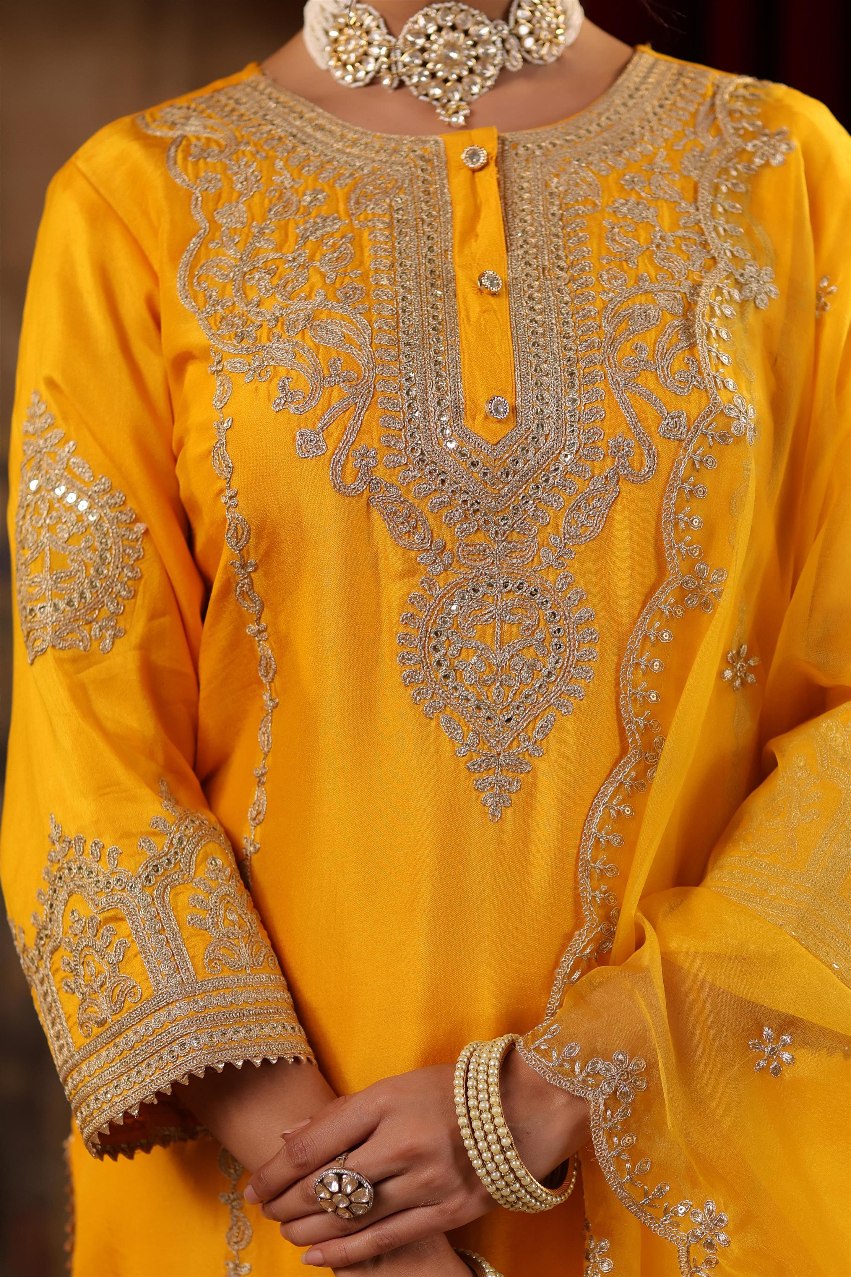 Mustard Dupion Silk Dori-Sequin Embroidered Suit Set