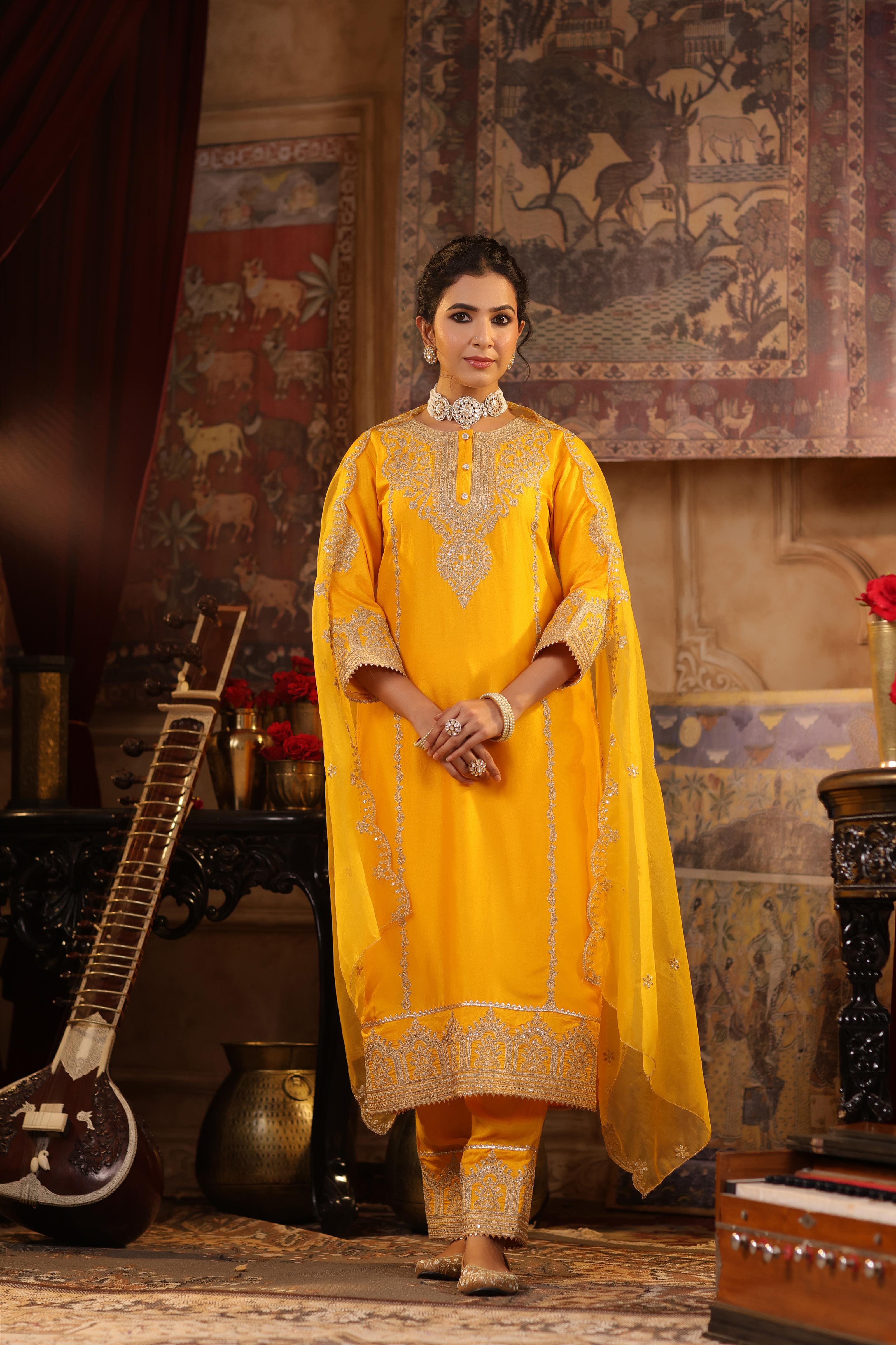 Mustard Dupion Silk Dori-Sequin Embroidered Suit Set