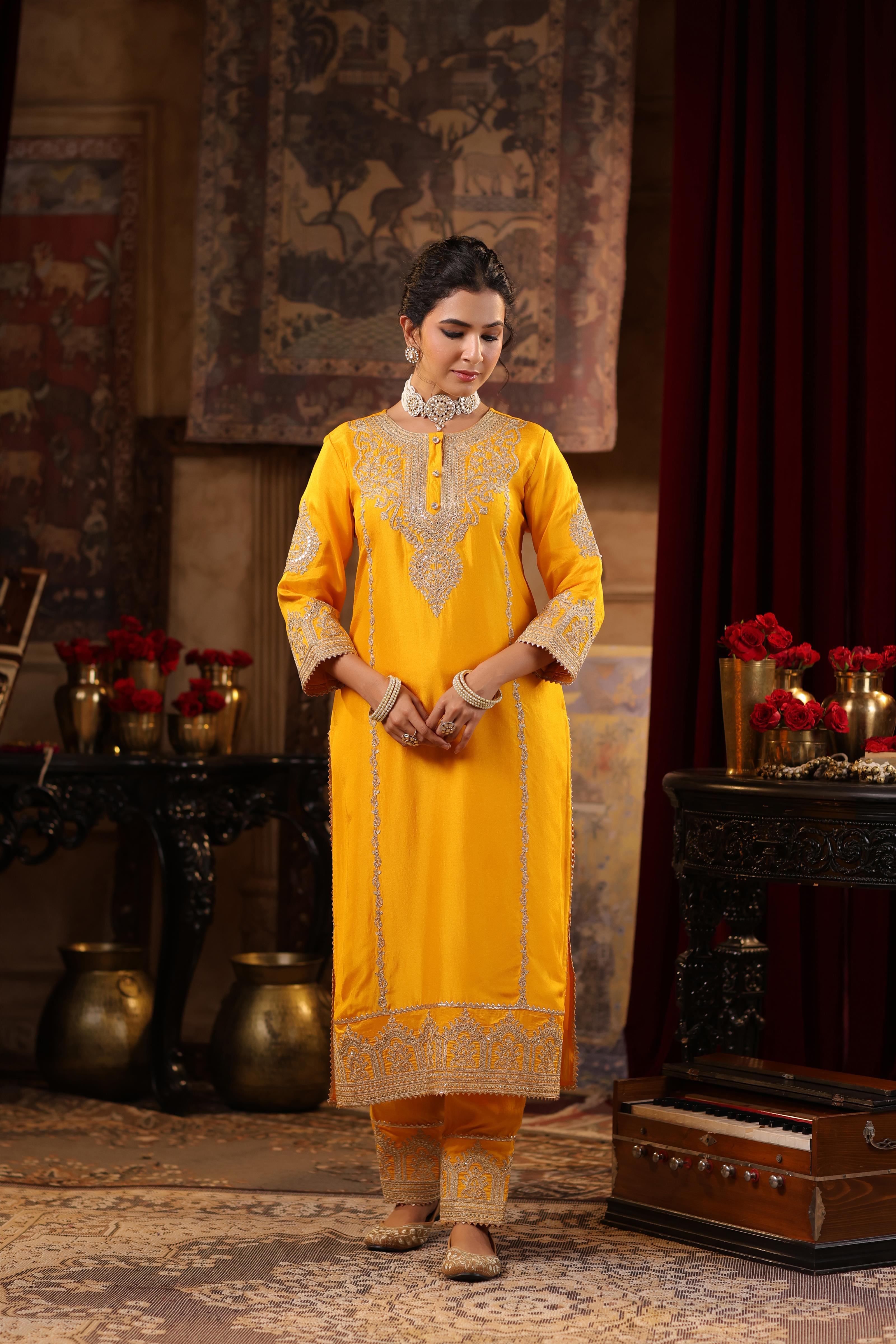 Mustard Dupion Silk Dori-Sequin Embroidered Suit Set