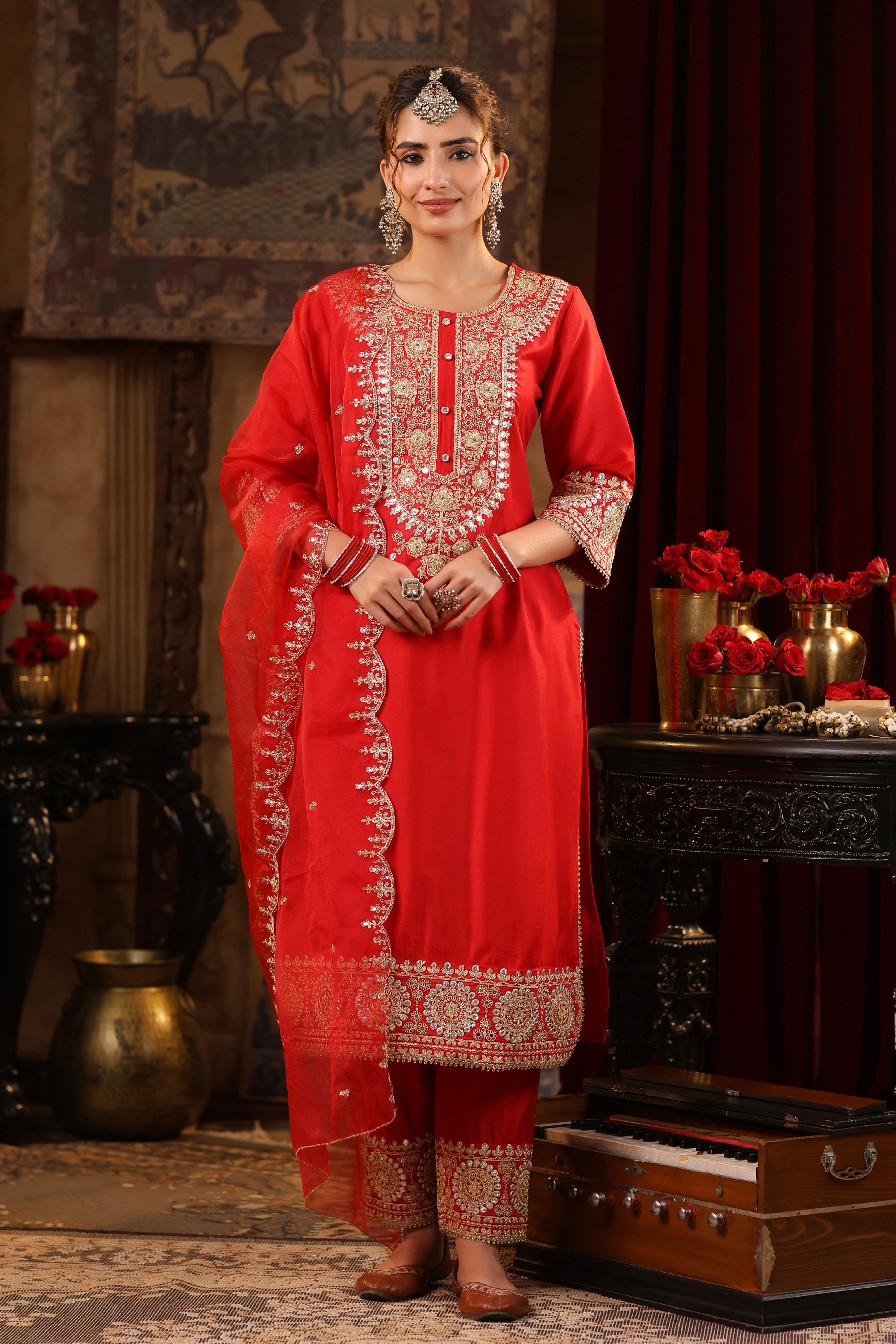 Red Chanderi Silk Dori-Sequin Embroidered Suit Set