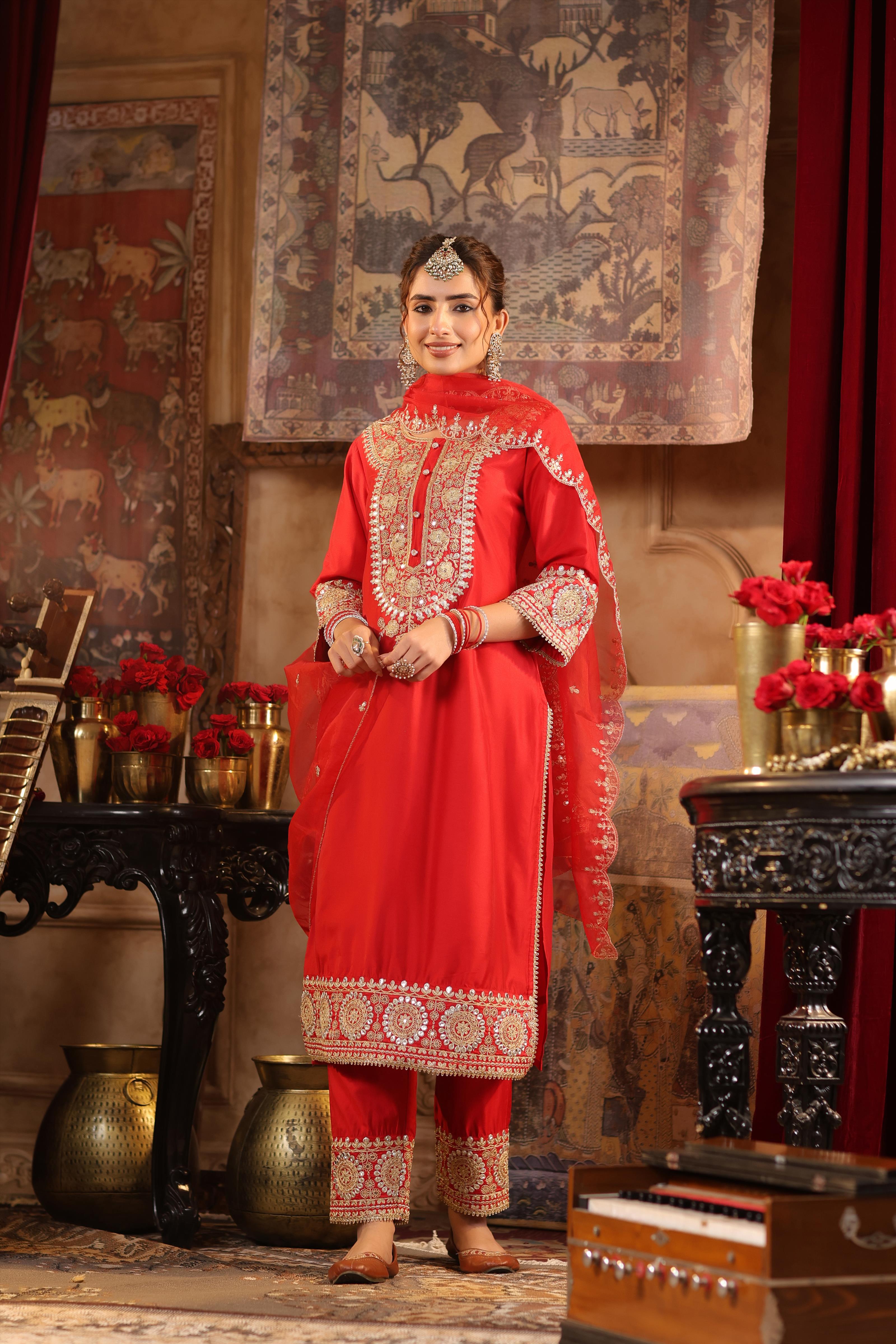 Red Chanderi Silk Dori-Sequin Embroidered Suit Set