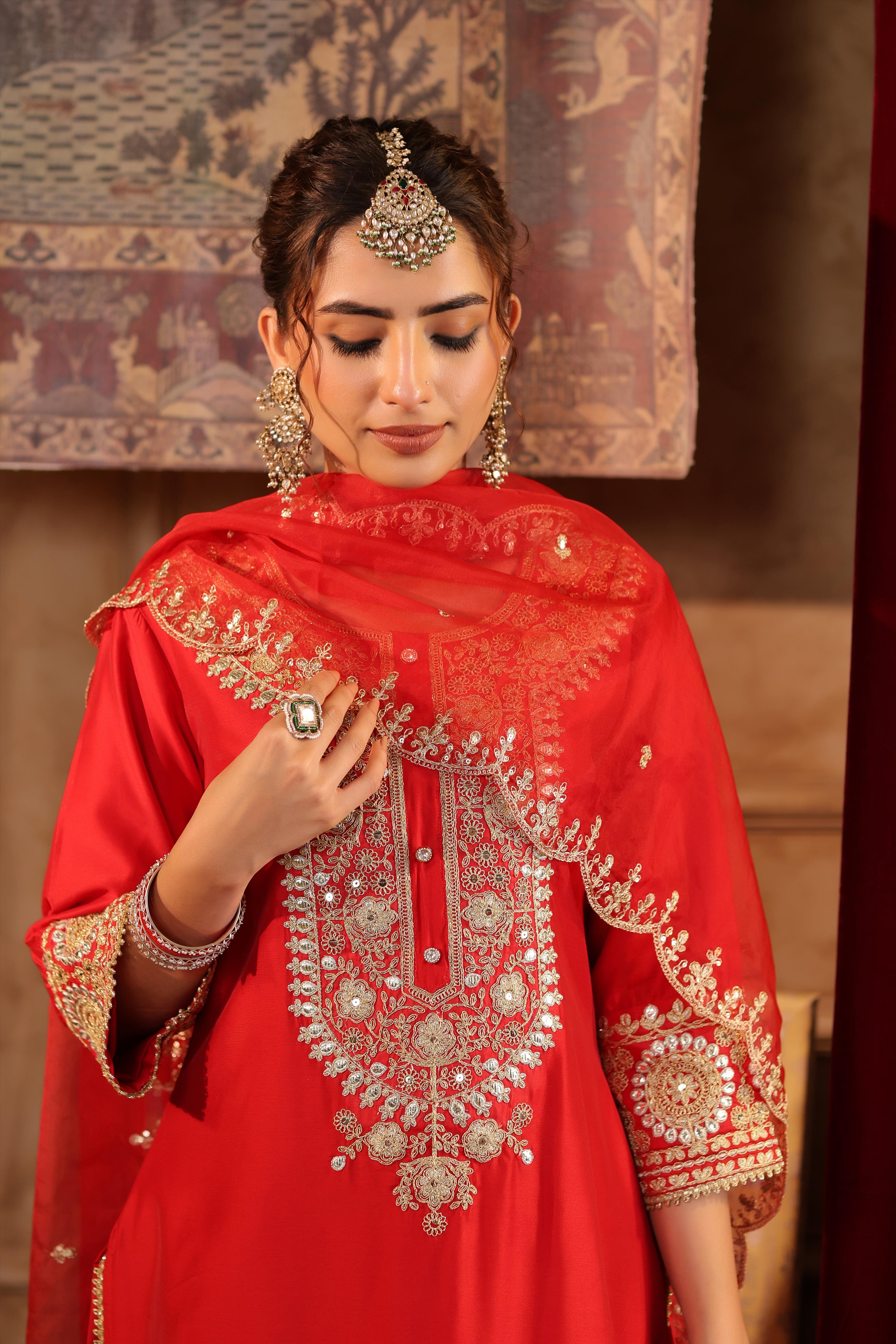 Red Chanderi Silk Dori-Sequin Embroidered Suit Set