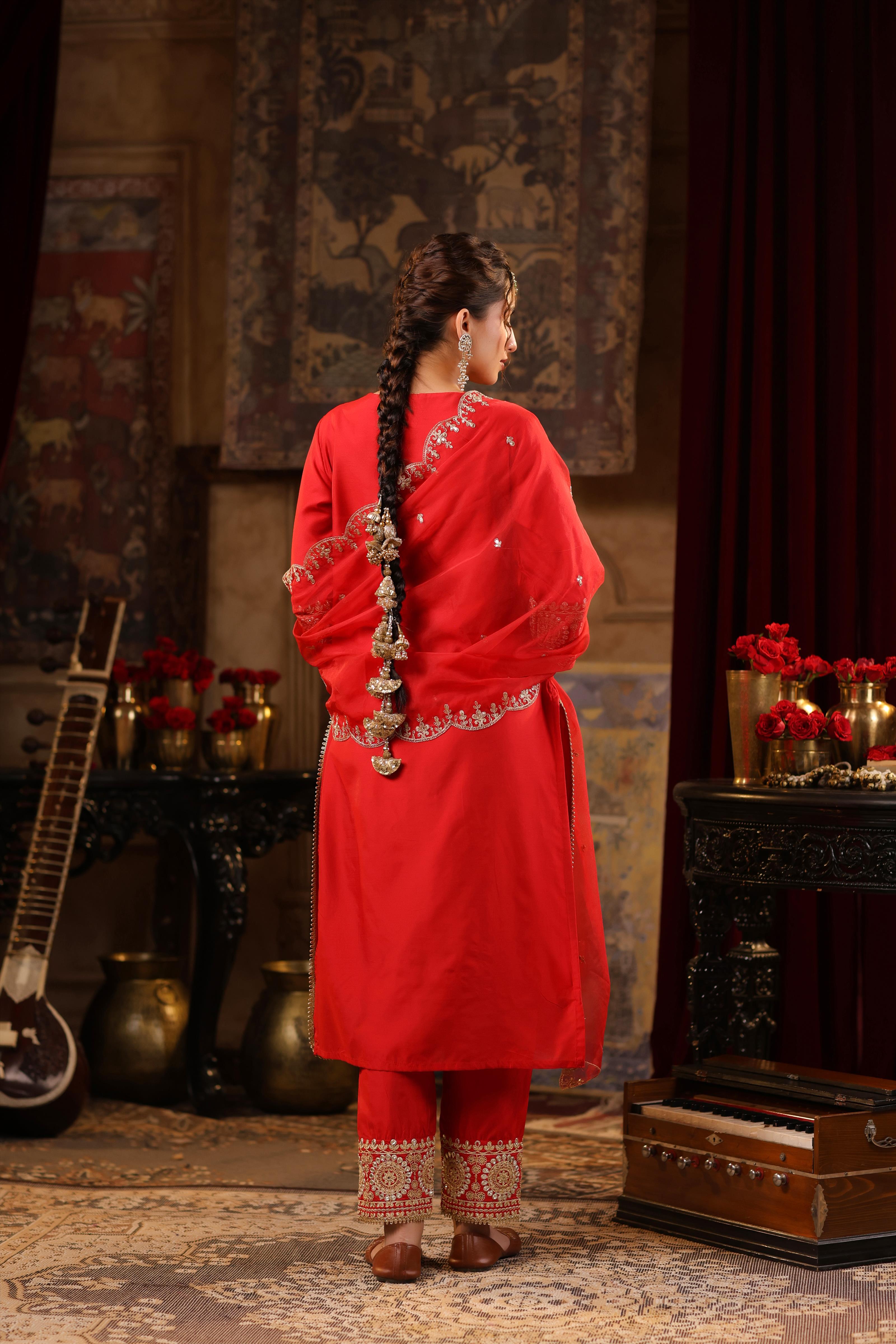 Red Chanderi Silk Dori-Sequin Embroidered Suit Set