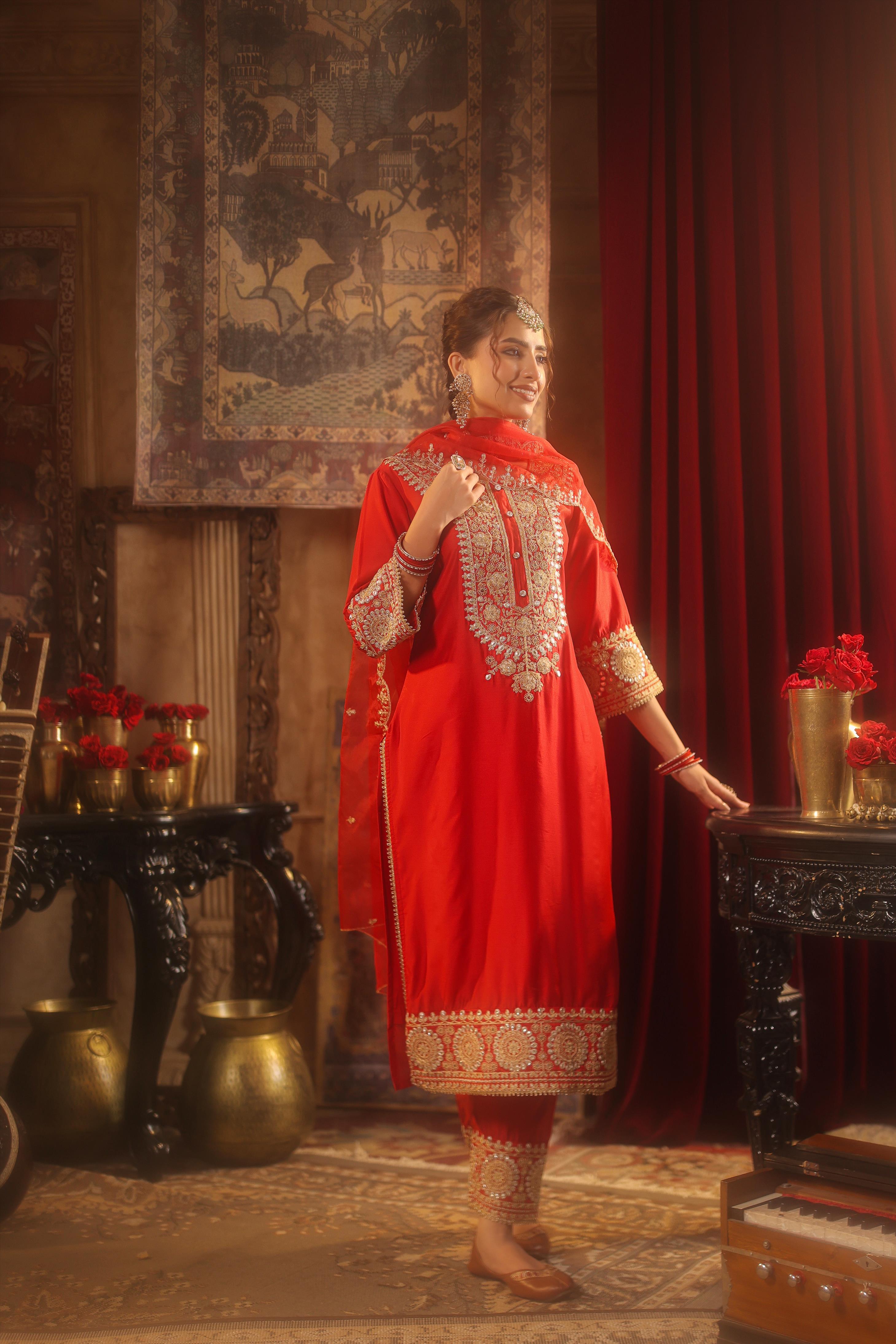 Red Chanderi Silk Dori-Sequin Embroidered Suit Set