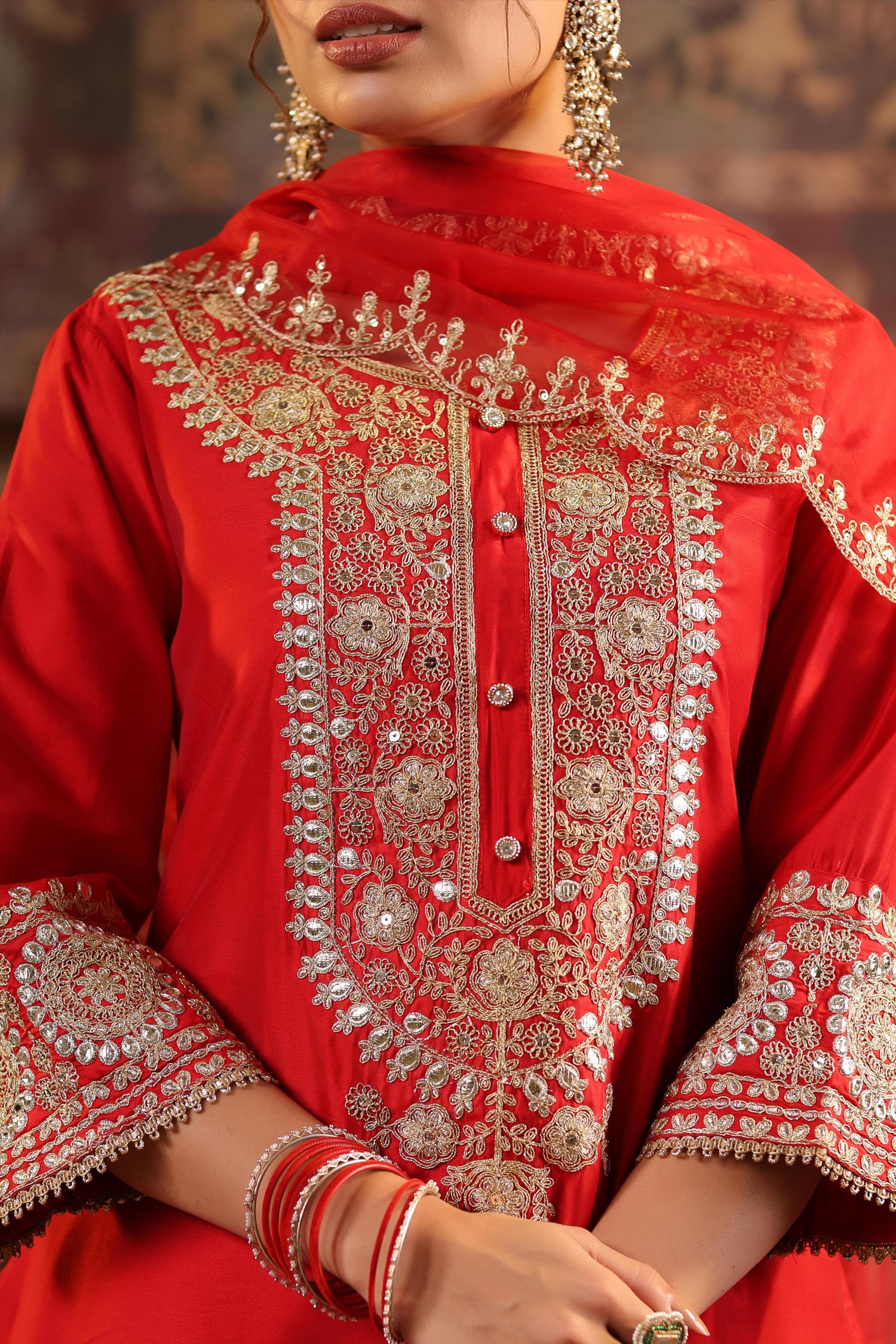 Red Chanderi Silk Dori-Sequin Embroidered Suit Set