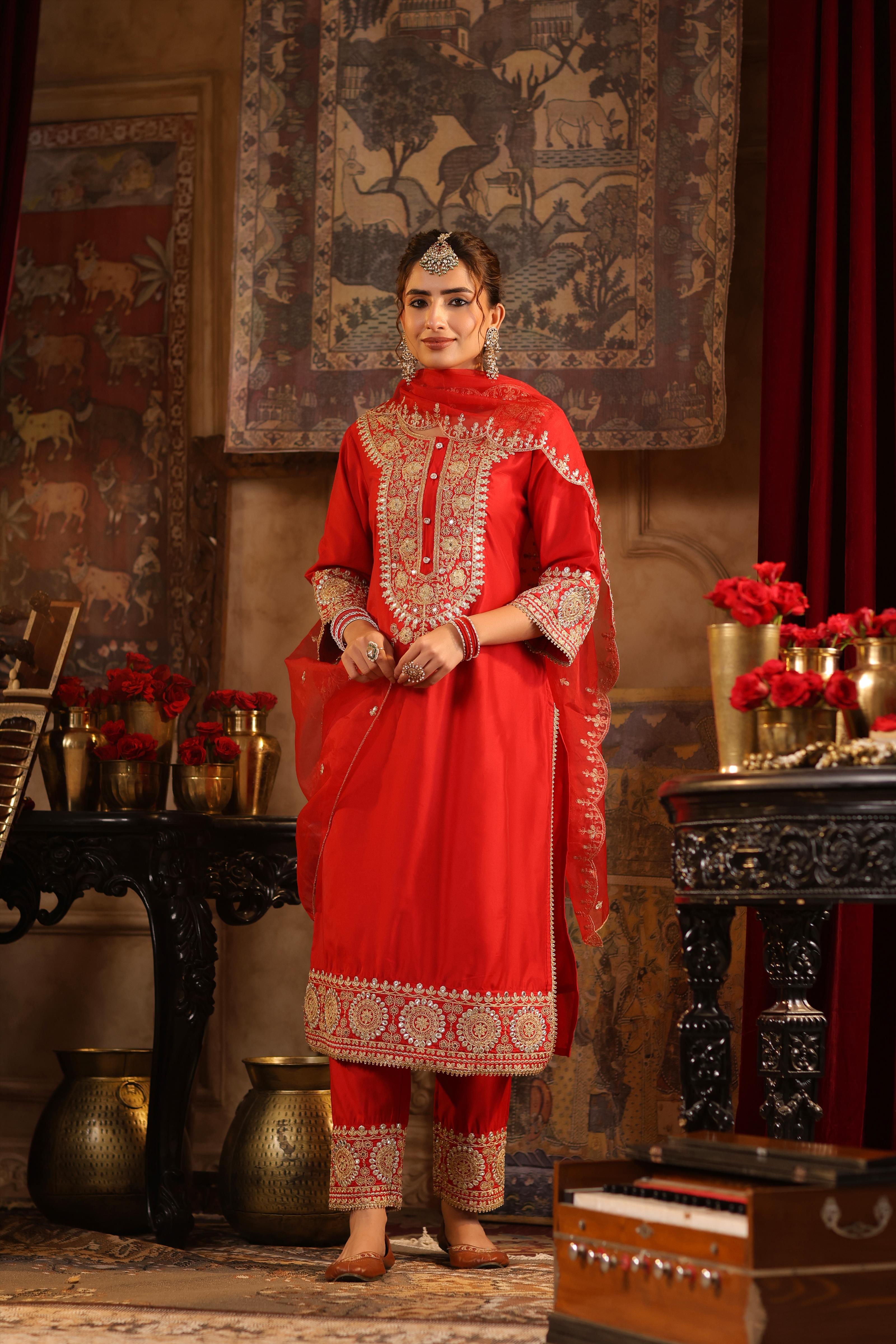 Red Chanderi Silk Dori-Sequin Embroidered Suit Set