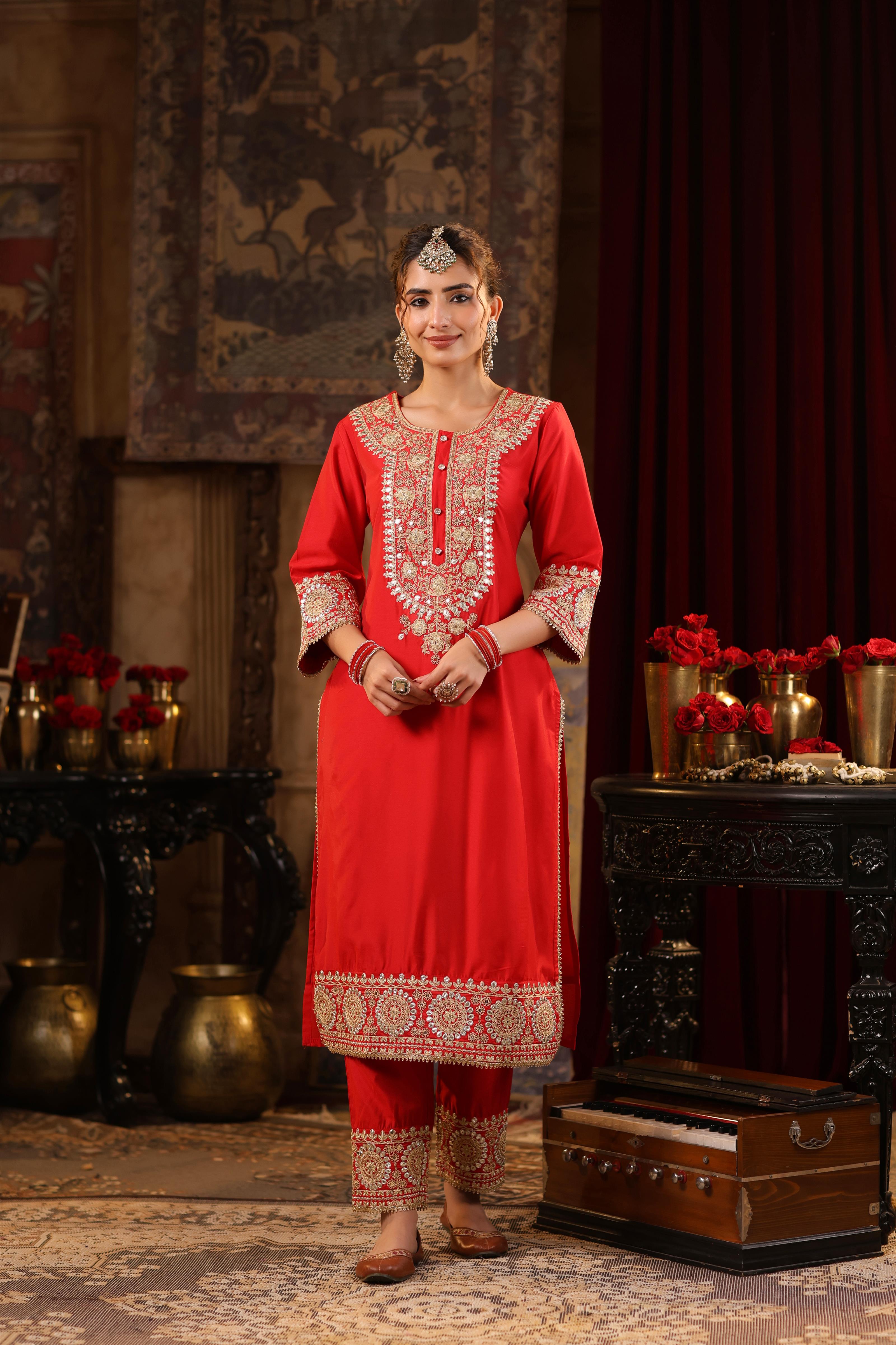 Red Chanderi Silk Dori-Sequin Embroidered Suit Set