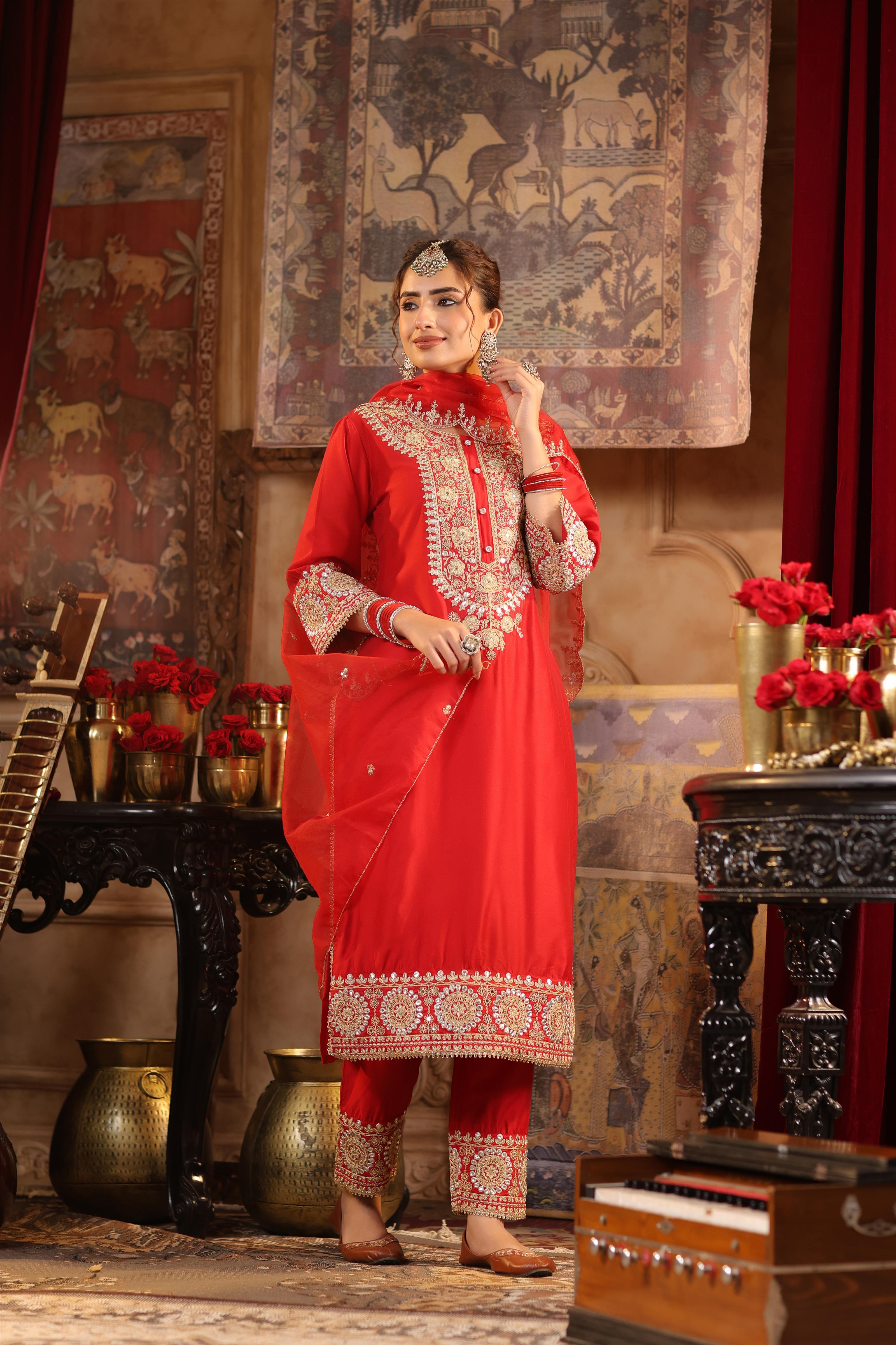 Red Chanderi Silk Dori-Sequin Embroidered Suit Set