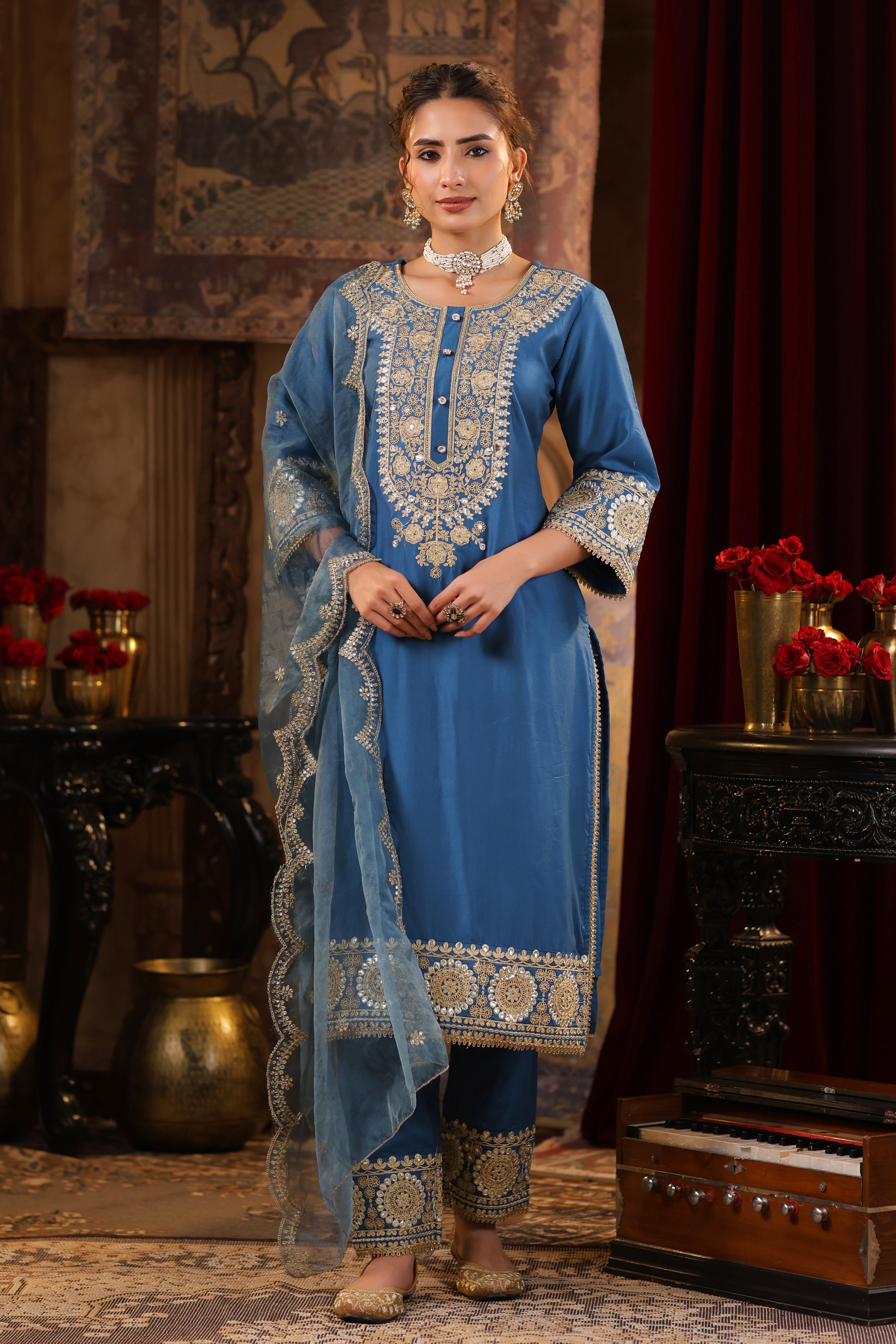 Teal Chanderi Silk Dori-Sequin Embroidered Suit Set