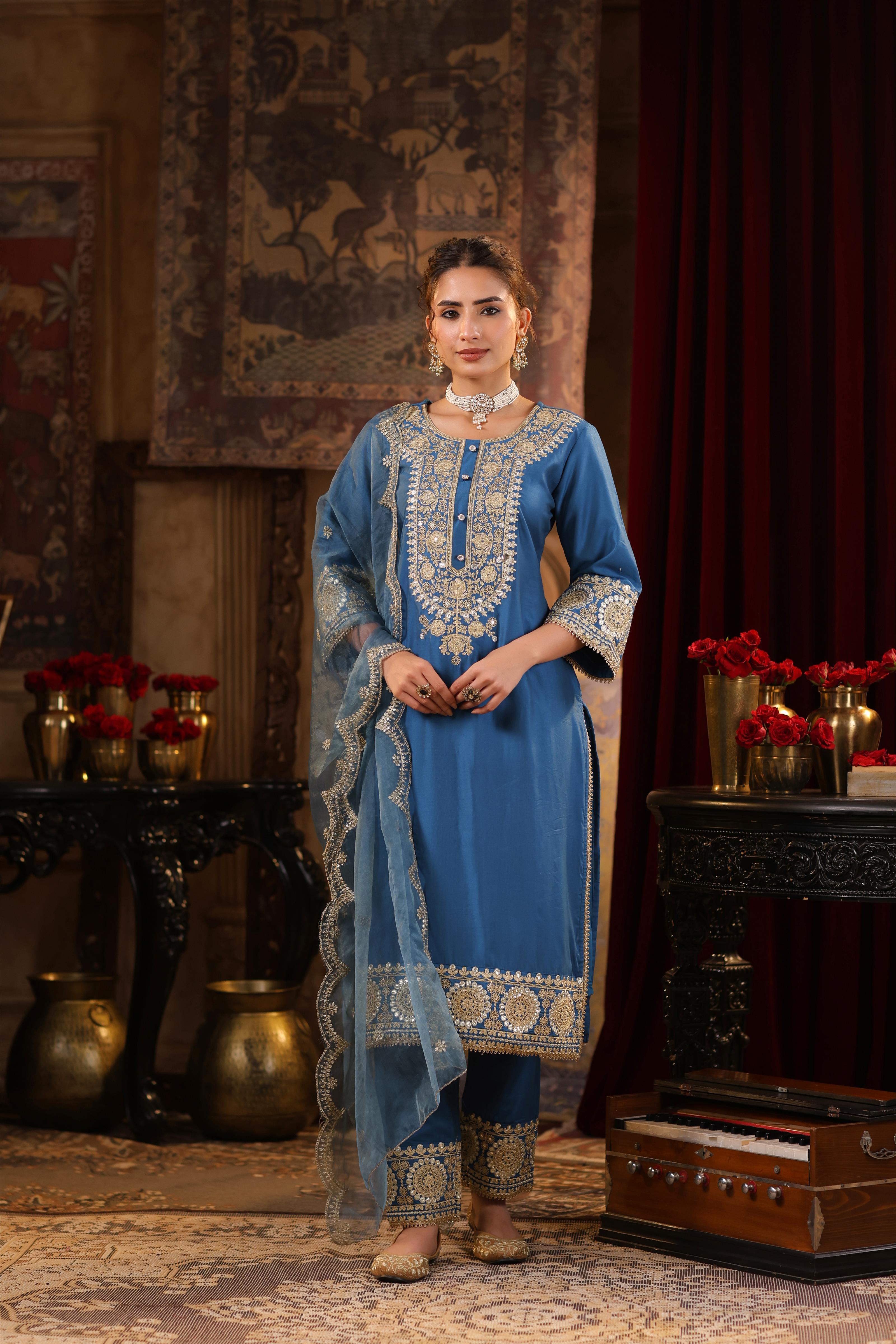 Teal Chanderi Silk Dori-Sequin Embroidered Suit Set