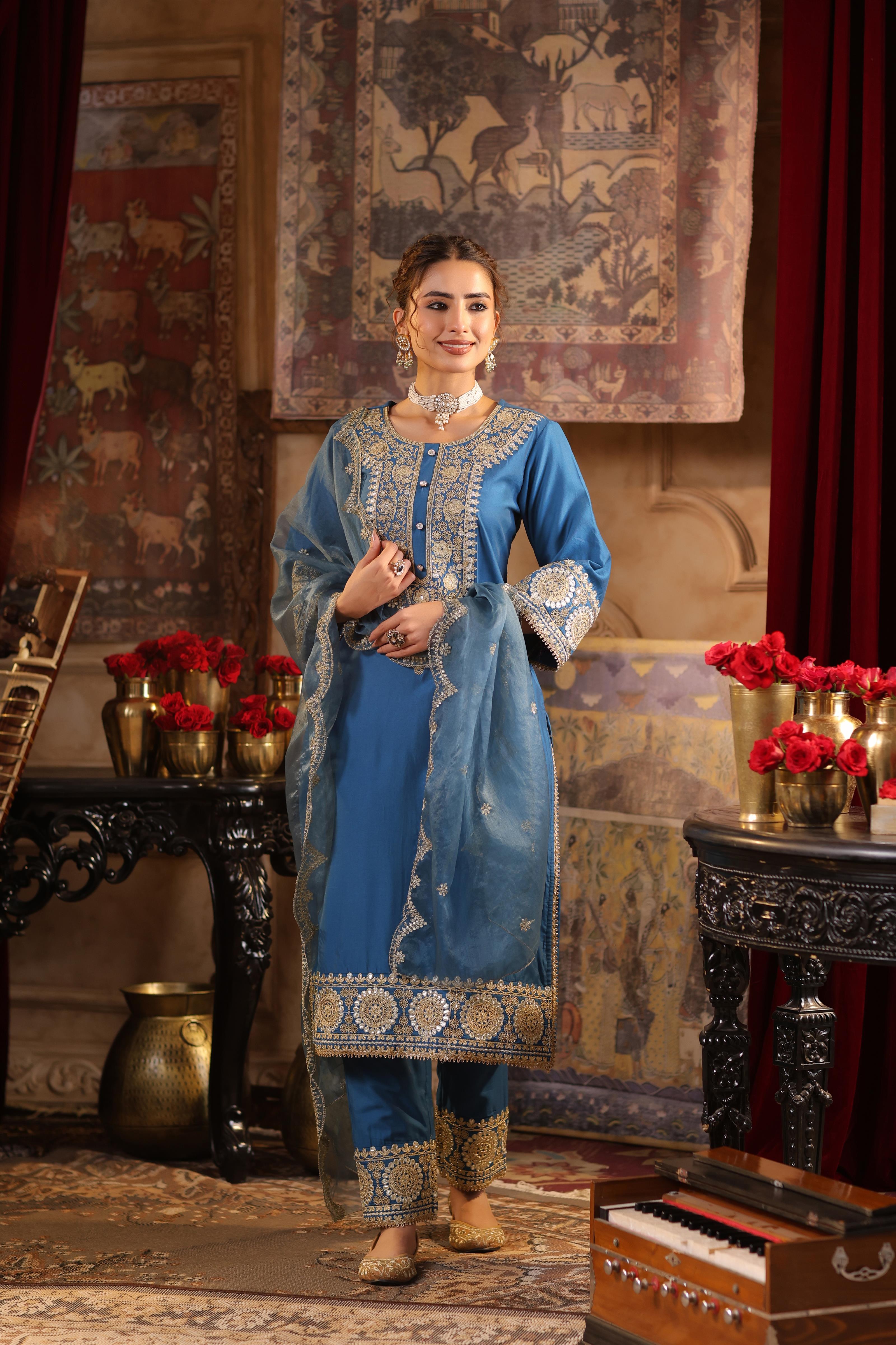 Teal Chanderi Silk Dori-Sequin Embroidered Suit Set