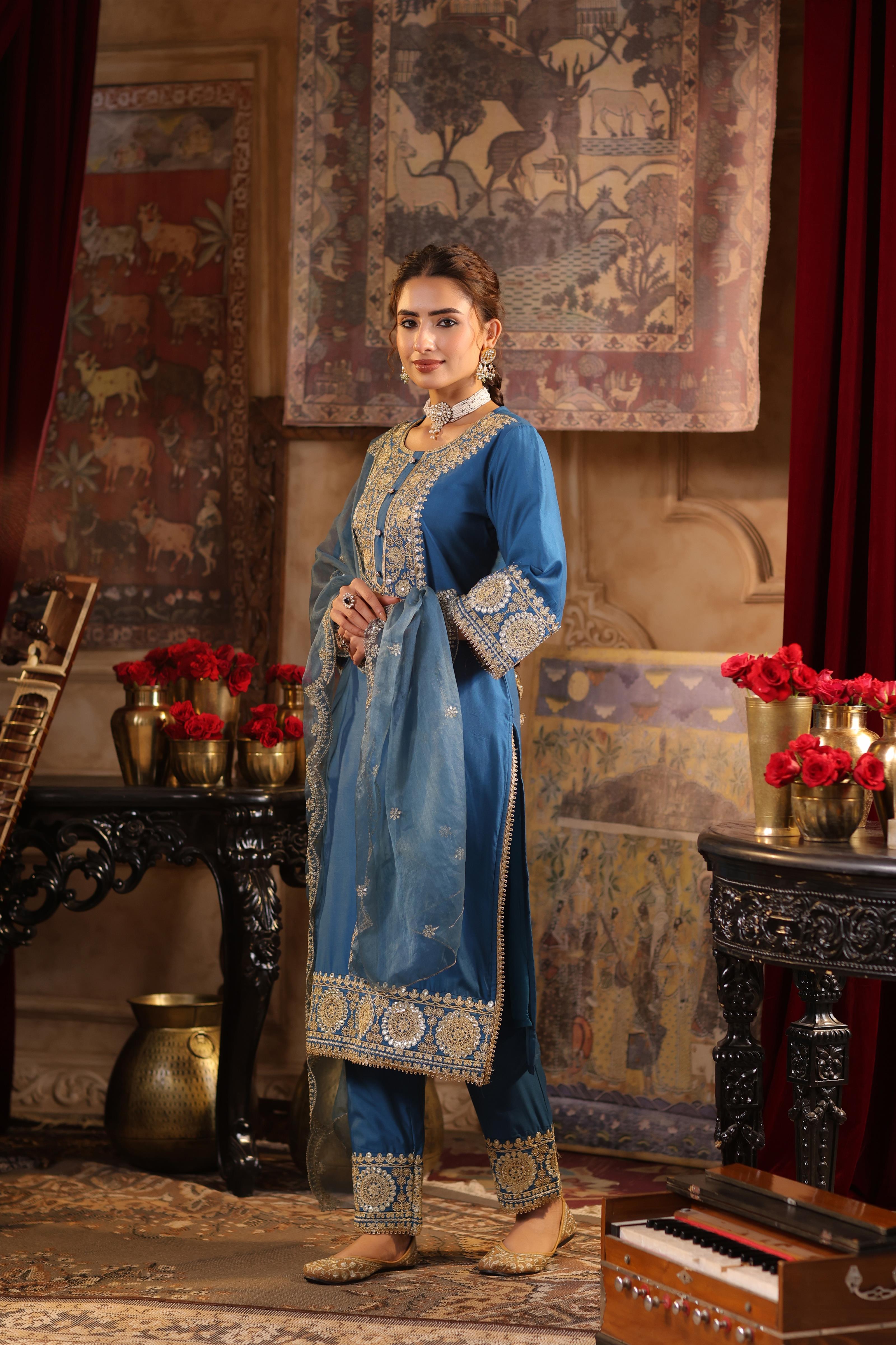 Teal Chanderi Silk Dori-Sequin Embroidered Suit Set