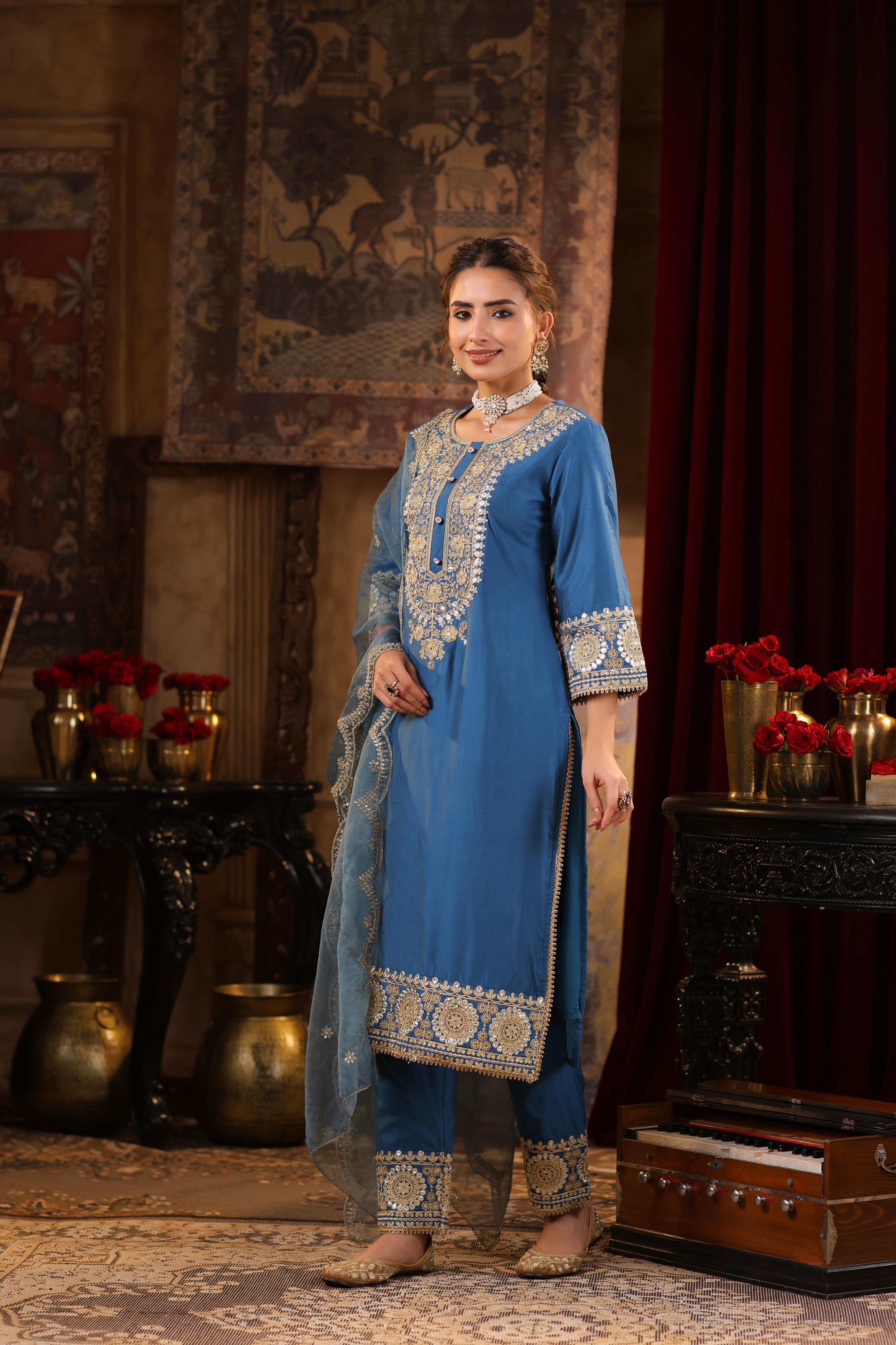 Teal Chanderi Silk Dori-Sequin Embroidered Suit Set