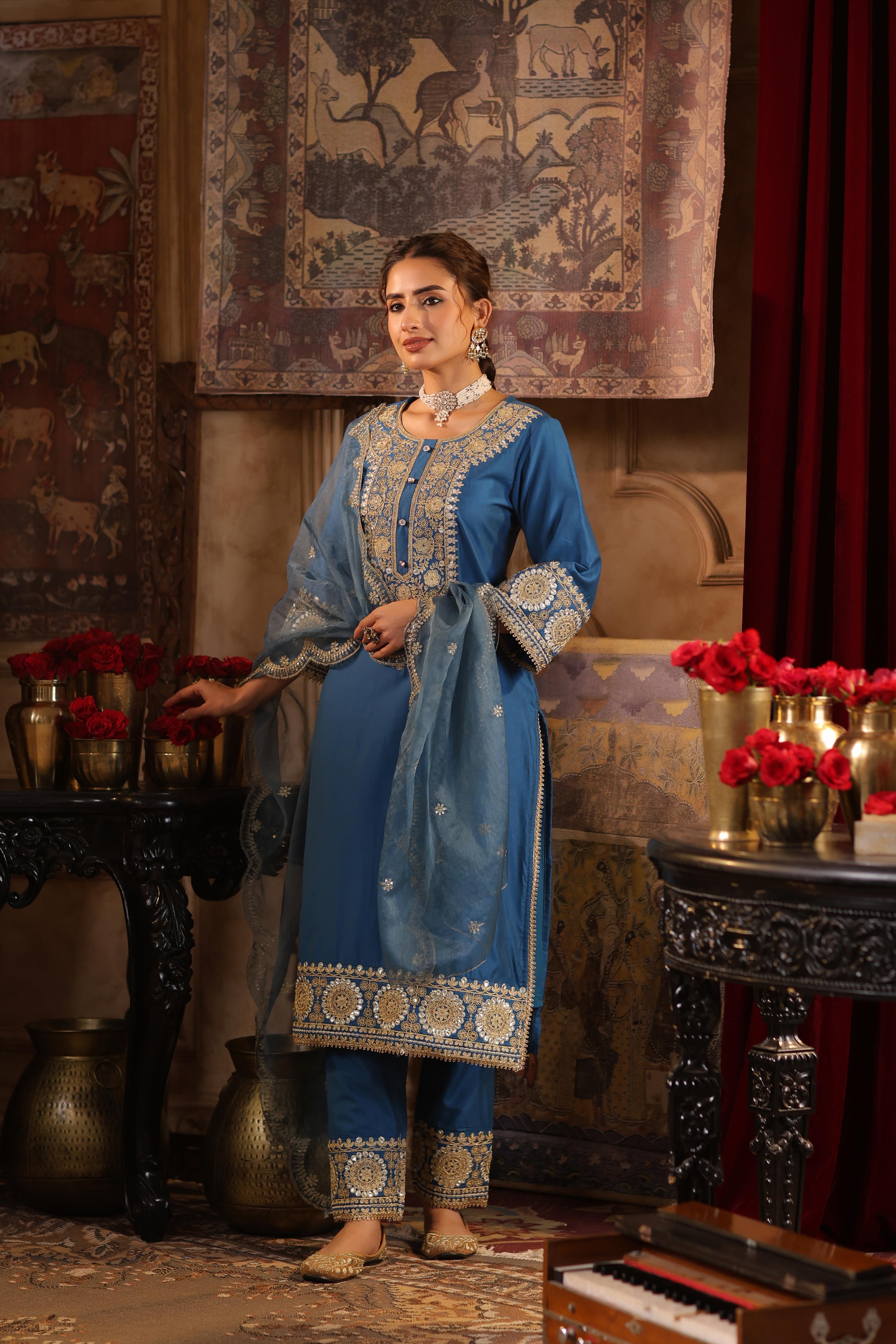 Teal Chanderi Silk Dori-Sequin Embroidered Suit Set