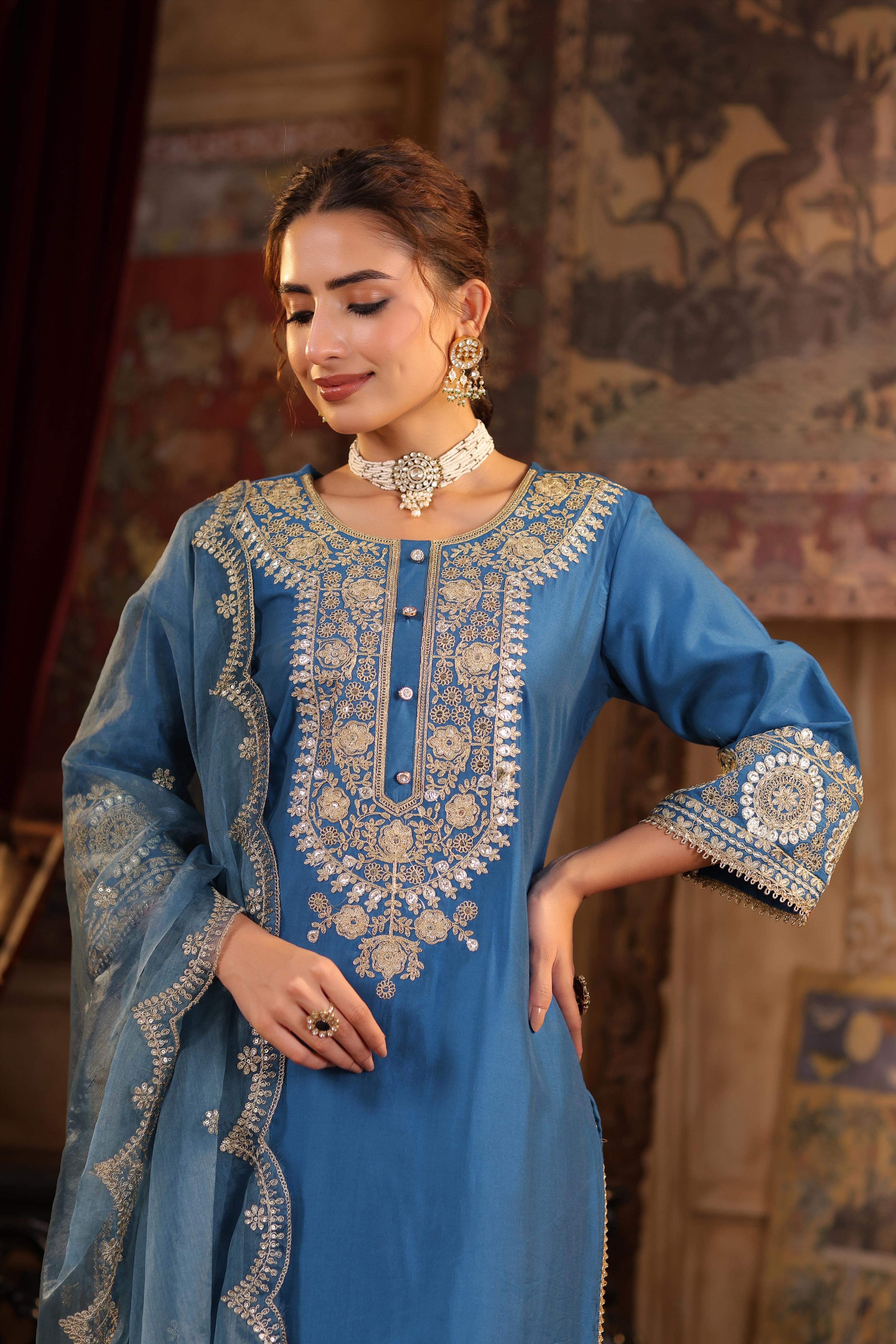 Teal Chanderi Silk Dori-Sequin Embroidered Suit Set