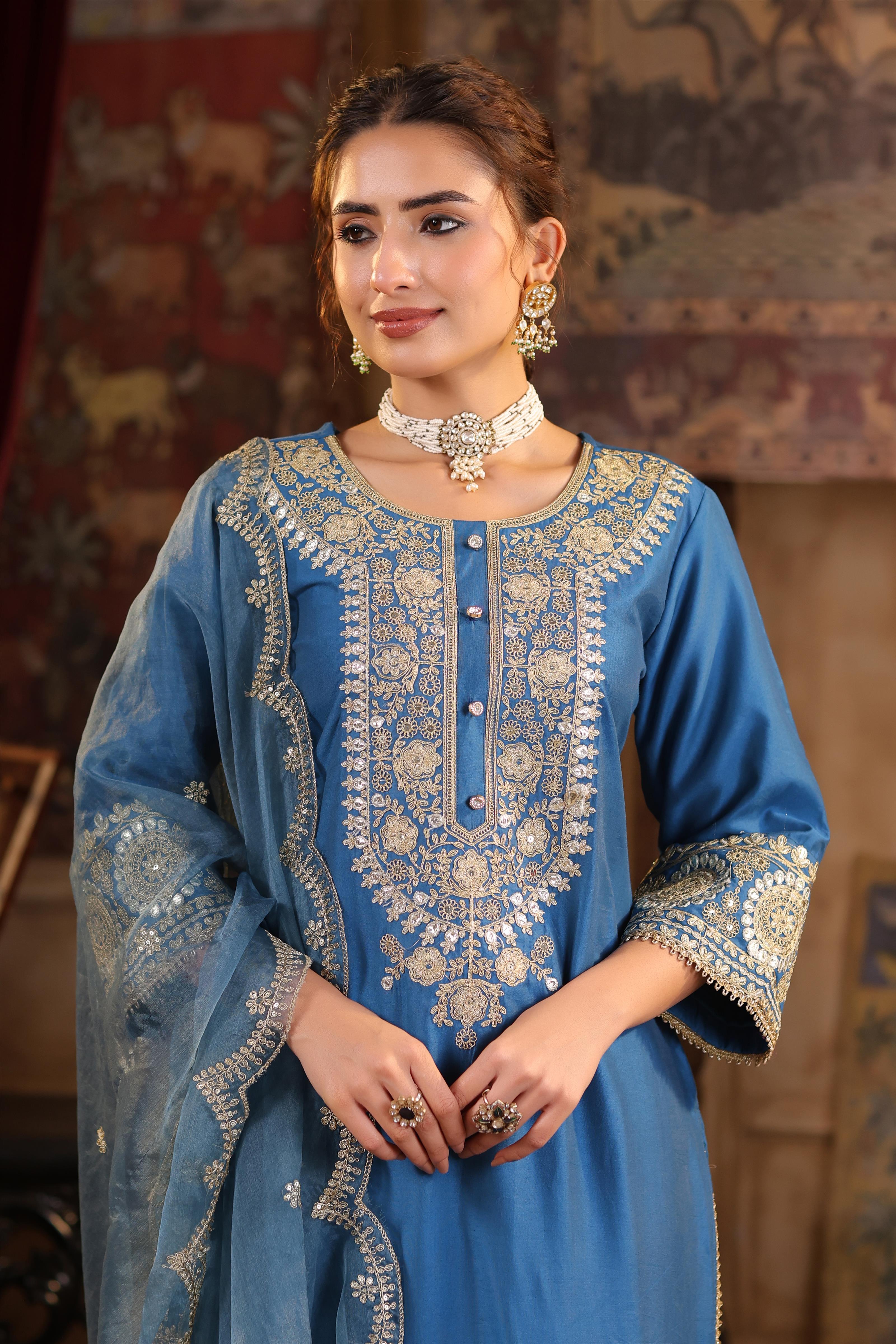 Teal Chanderi Silk Dori-Sequin Embroidered Suit Set