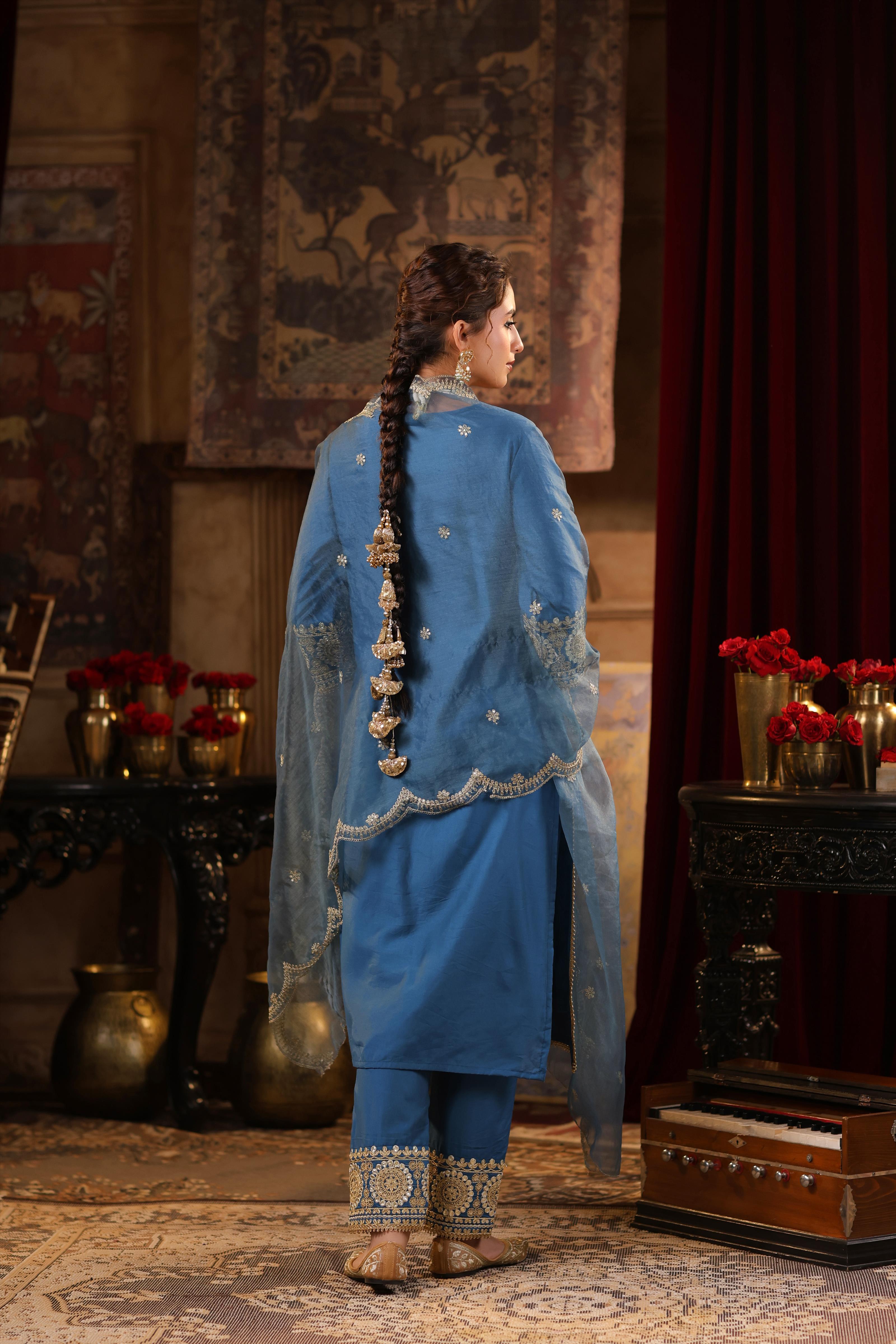 Teal Chanderi Silk Dori-Sequin Embroidered Suit Set