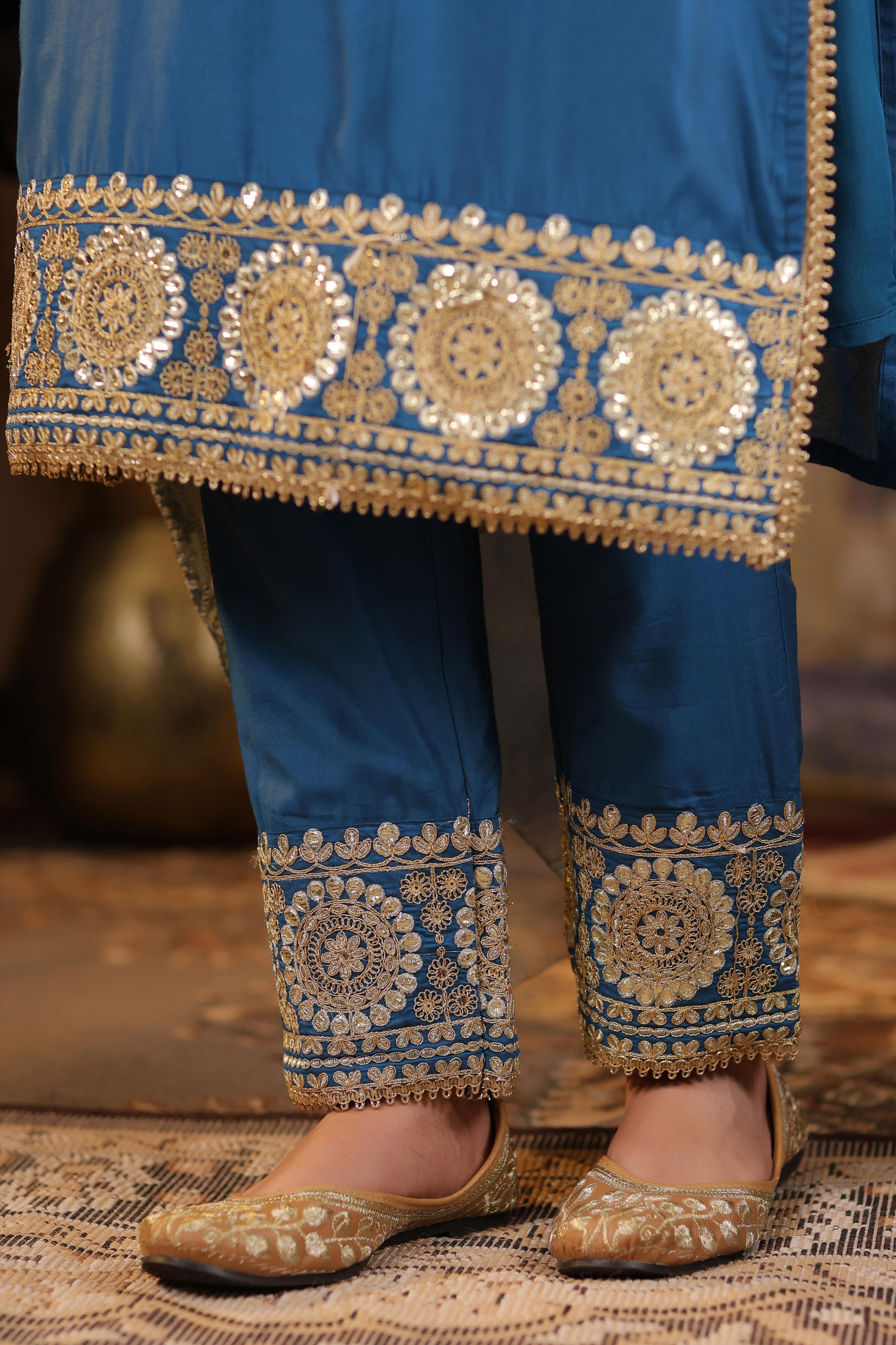 Teal Chanderi Silk Dori-Sequin Embroidered Suit Set