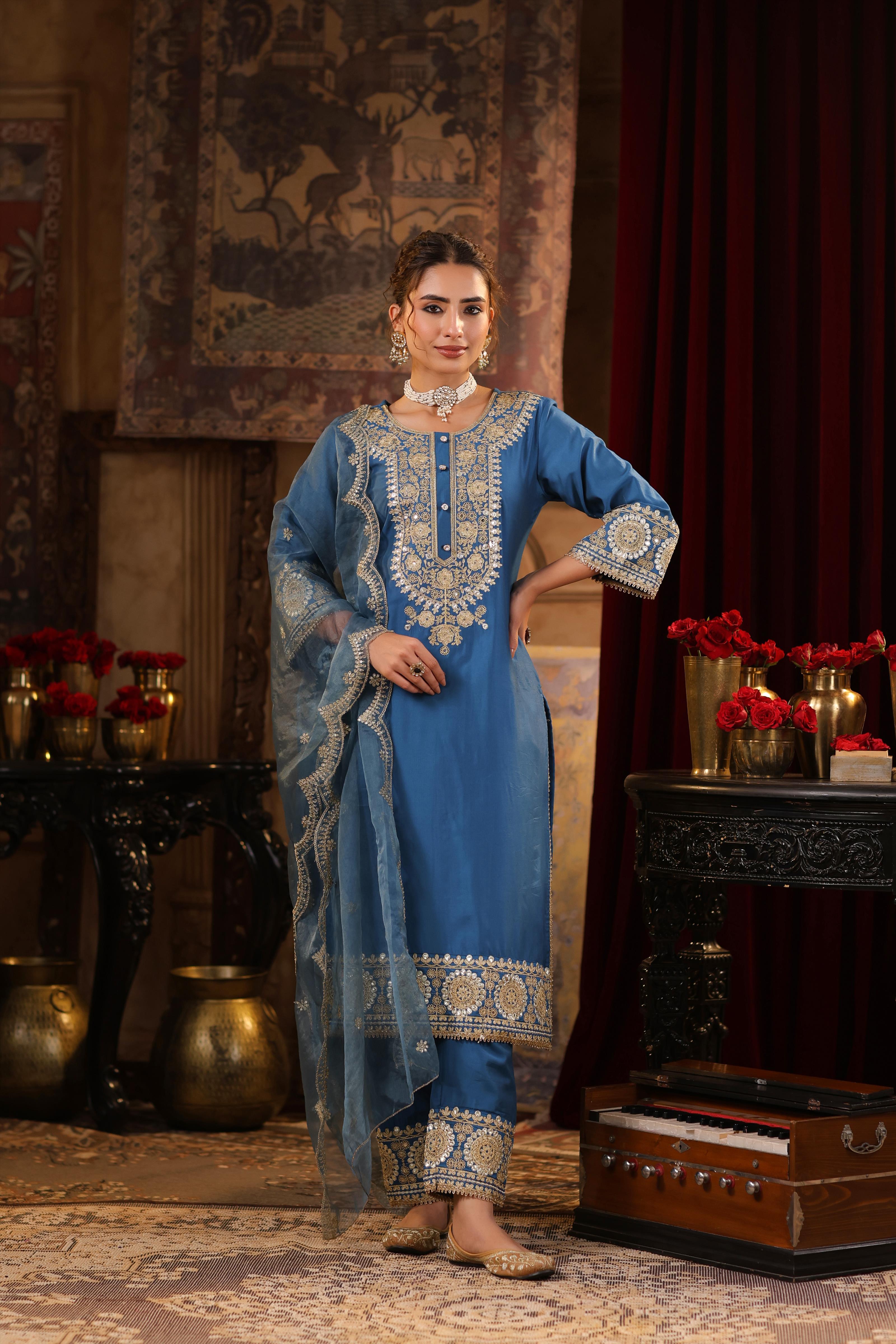 Teal Chanderi Silk Dori-Sequin Embroidered Suit Set