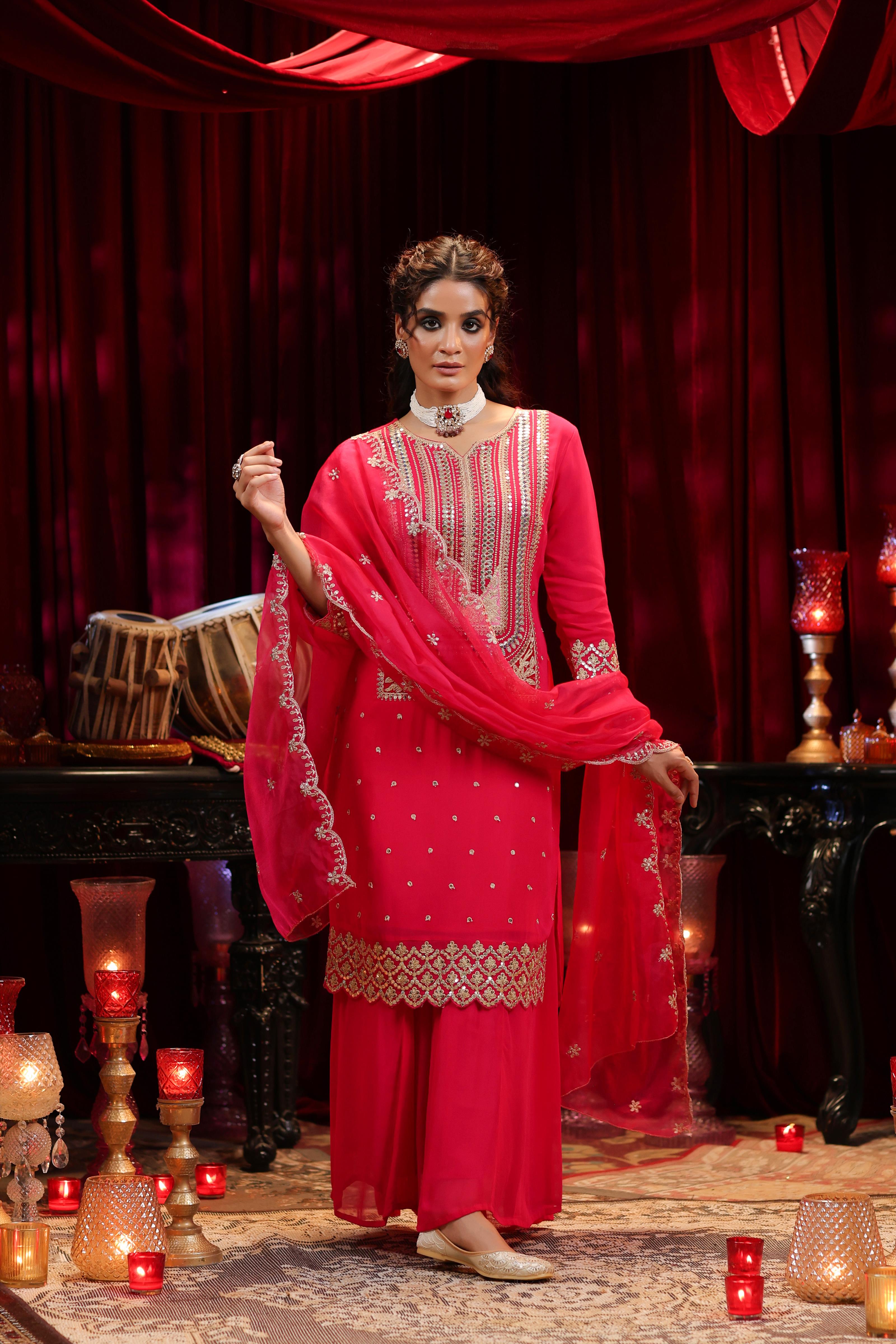 Fuchsia Georgette Dori-Sequin Embroidered Palazzo Set