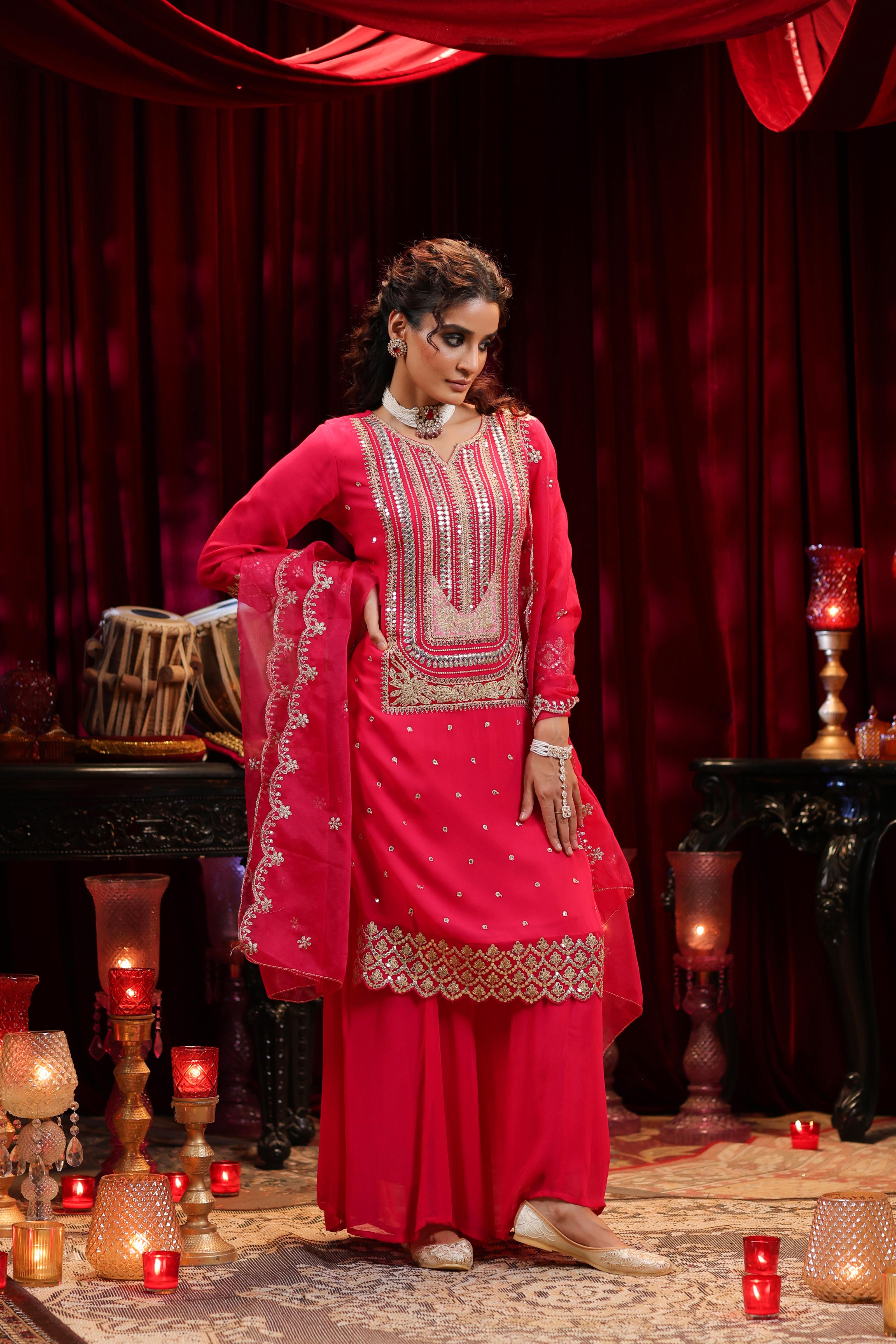 Fuchsia Georgette Dori-Sequin Embroidered Palazzo Set