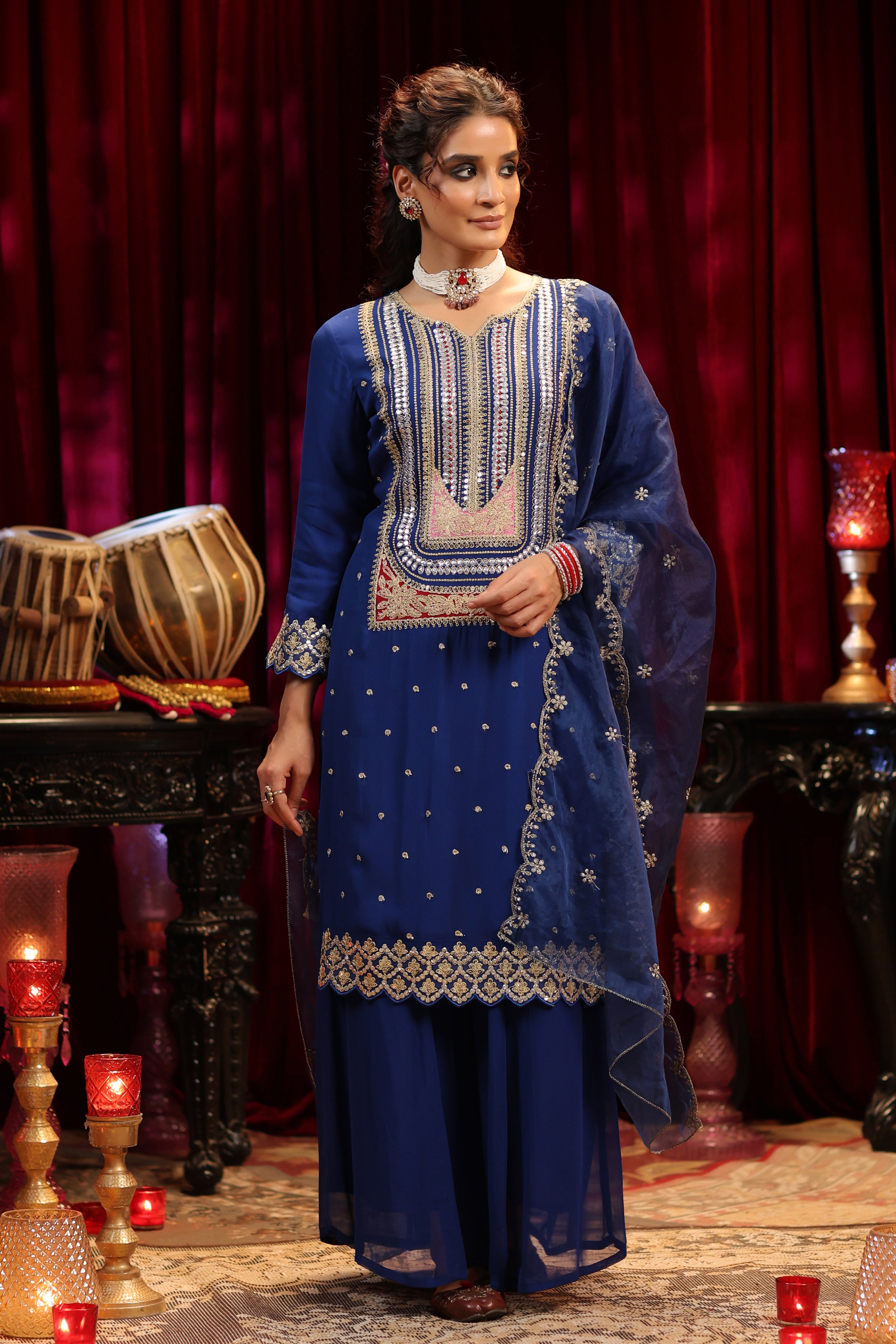 Blue Georgette Dori-Sequin Embroidered Palazzo Set