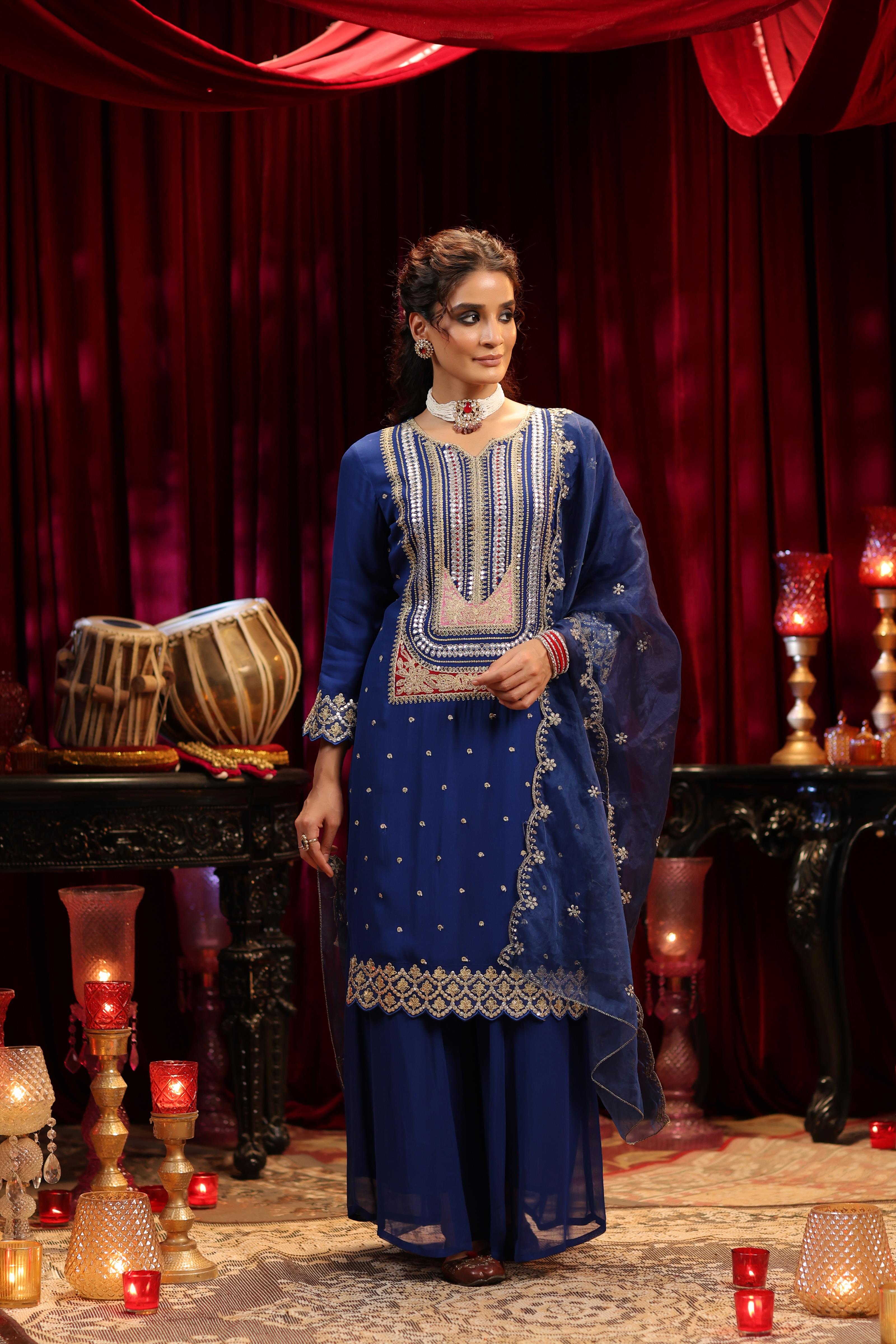 Blue Georgette Dori-Sequin Embroidered Palazzo Set