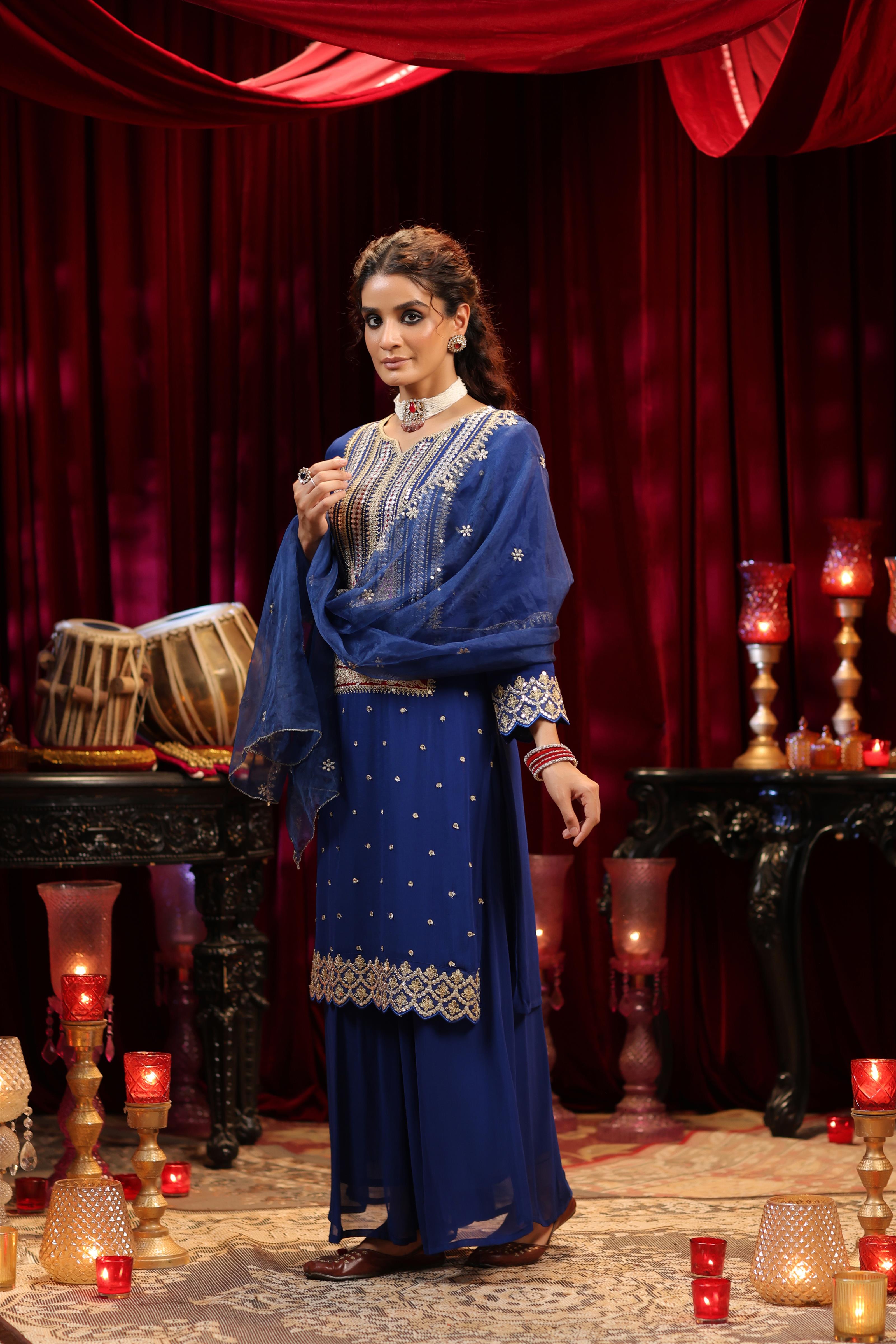 Blue Georgette Dori-Sequin Embroidered Palazzo Set