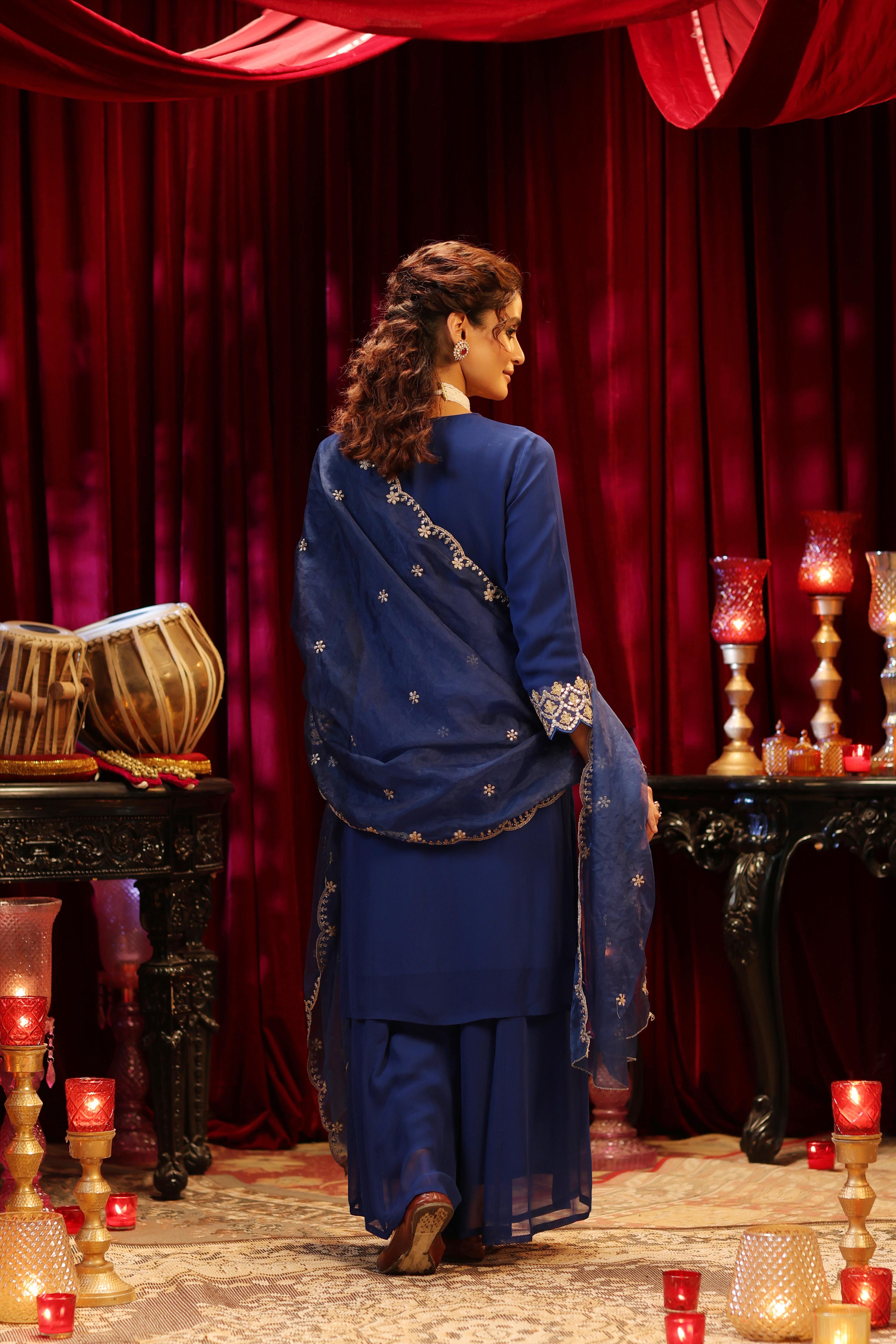 Blue Georgette Dori-Sequin Embroidered Palazzo Set