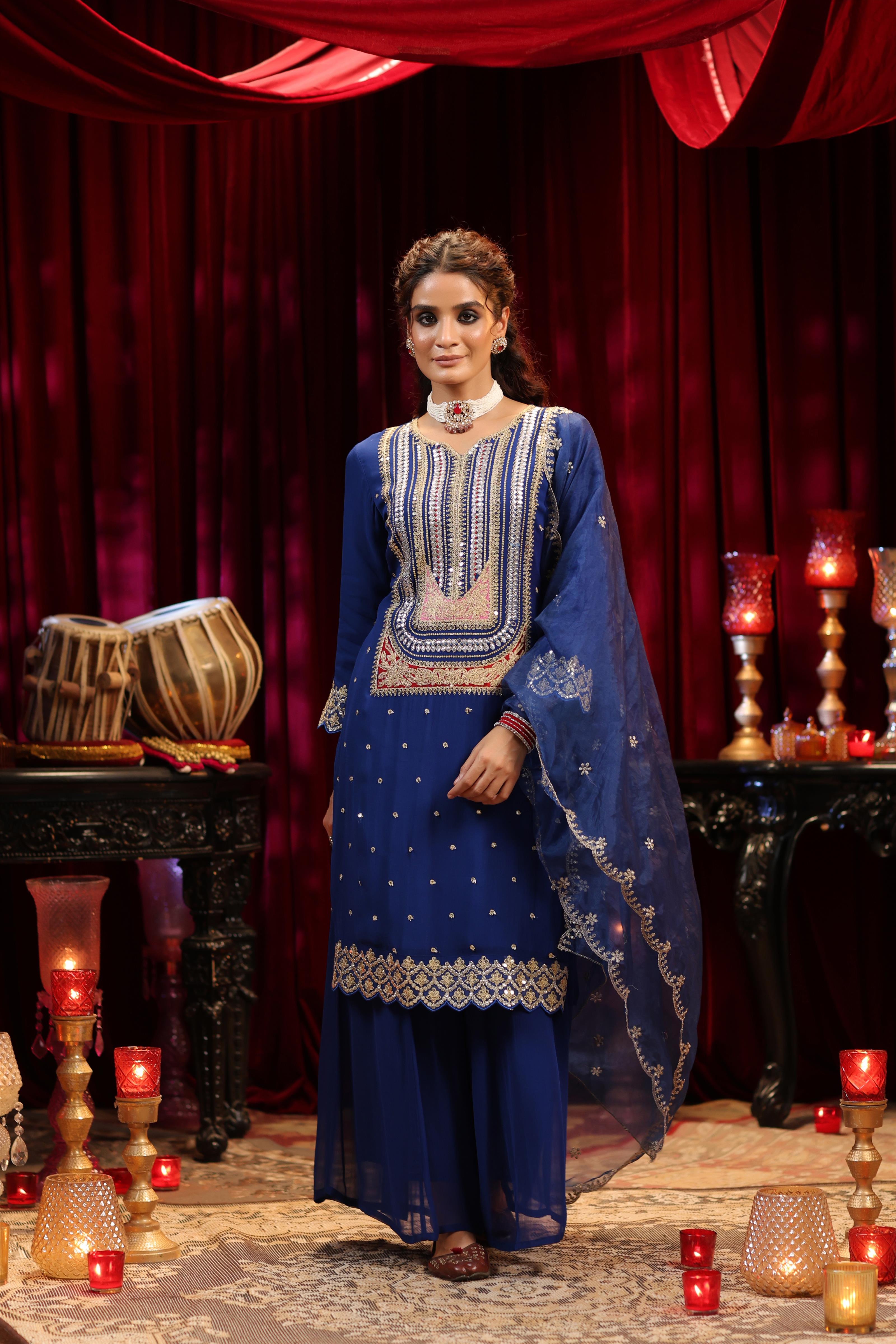 Blue Georgette Dori-Sequin Embroidered Palazzo Set