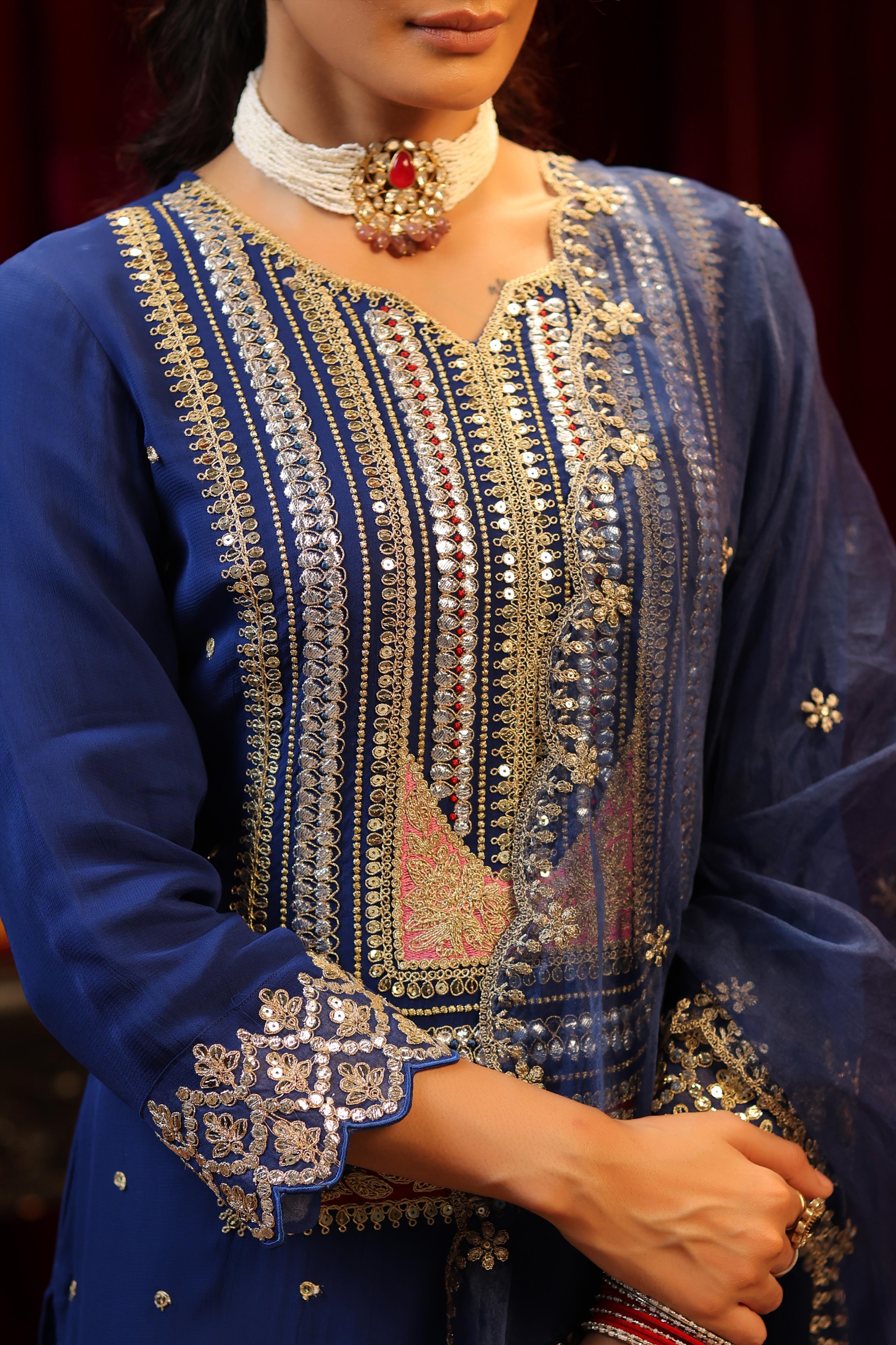 Blue Georgette Dori-Sequin Embroidered Palazzo Set