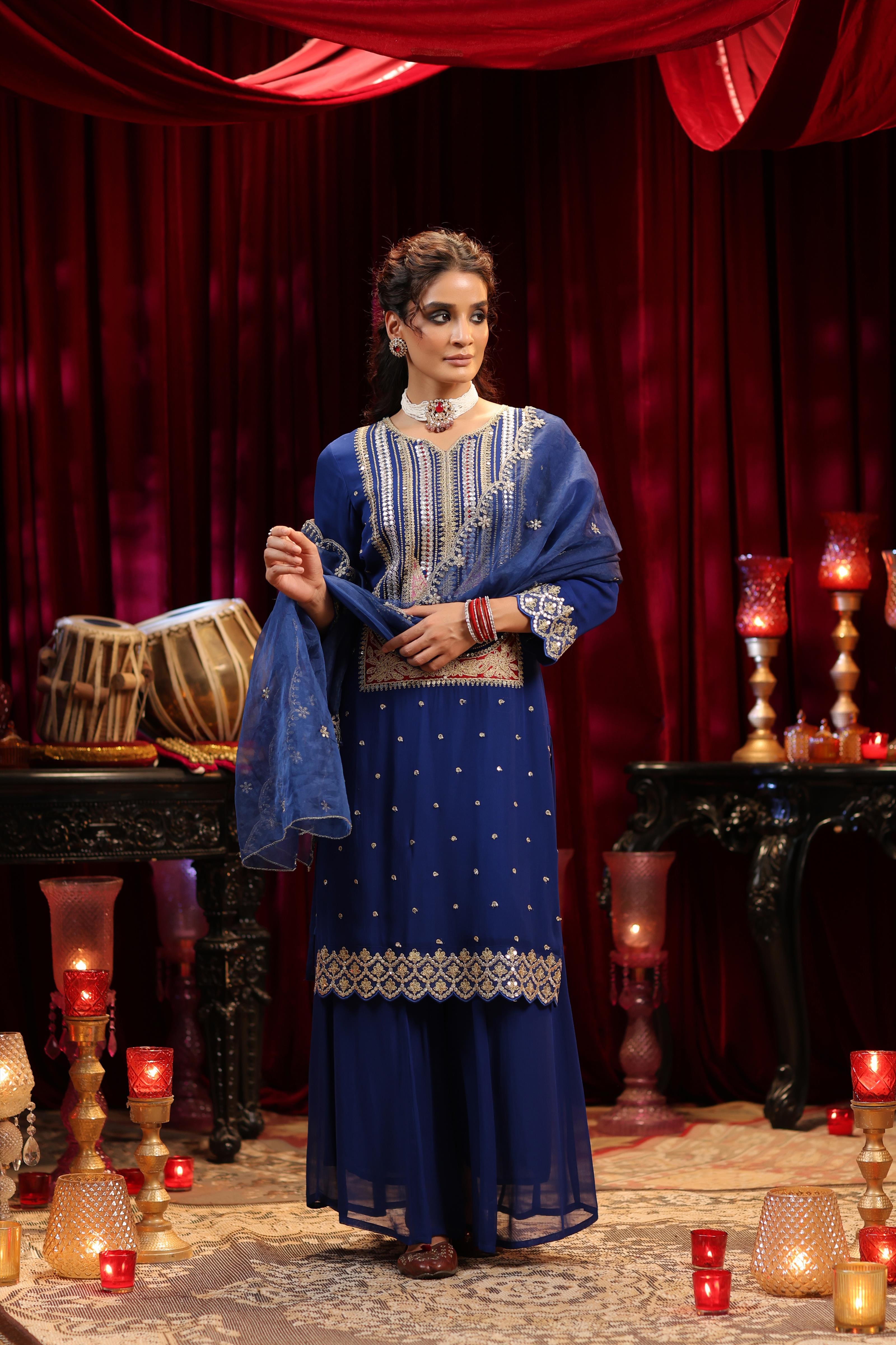 Blue Georgette Dori-Sequin Embroidered Palazzo Set