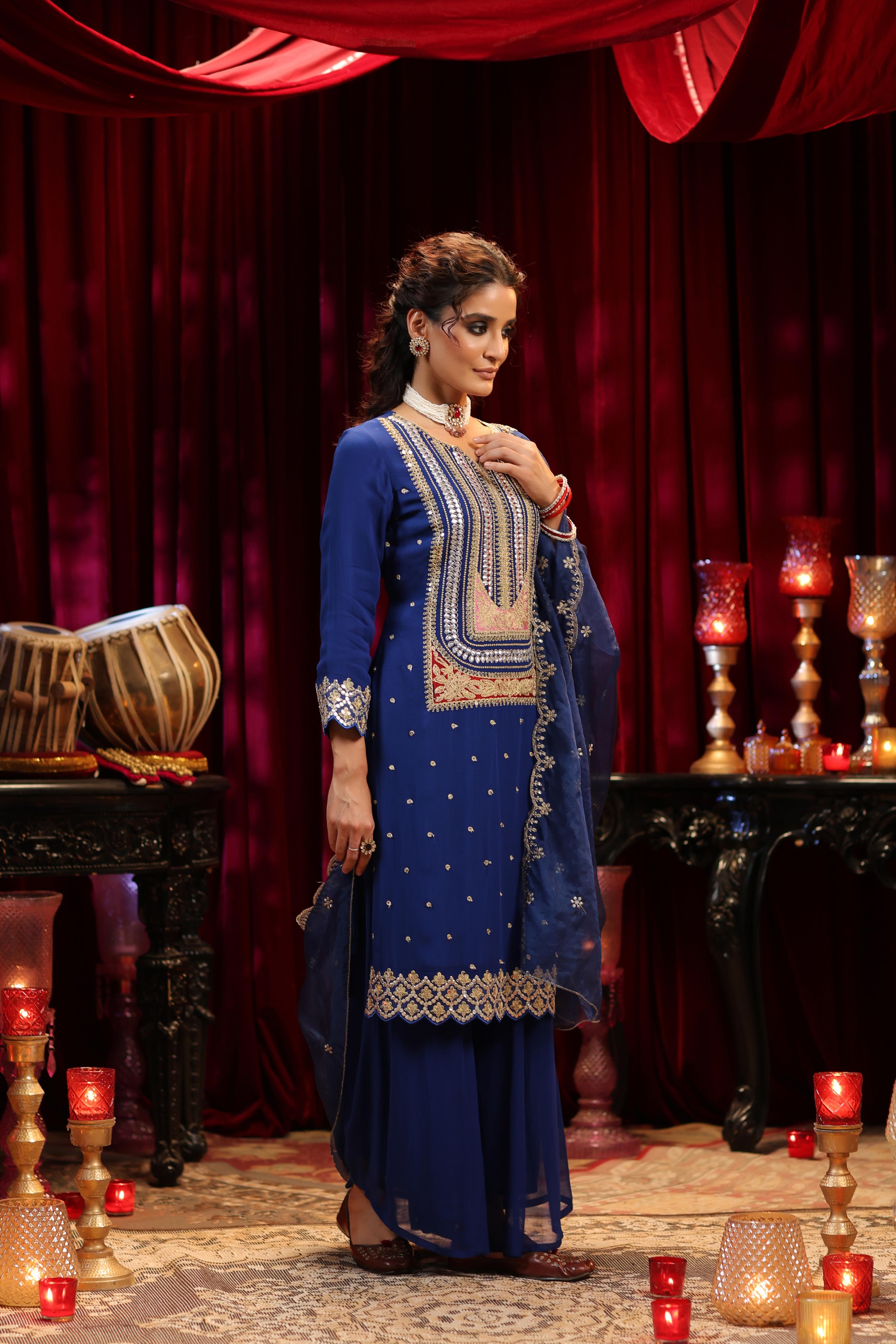 Blue Georgette Dori-Sequin Embroidered Palazzo Set