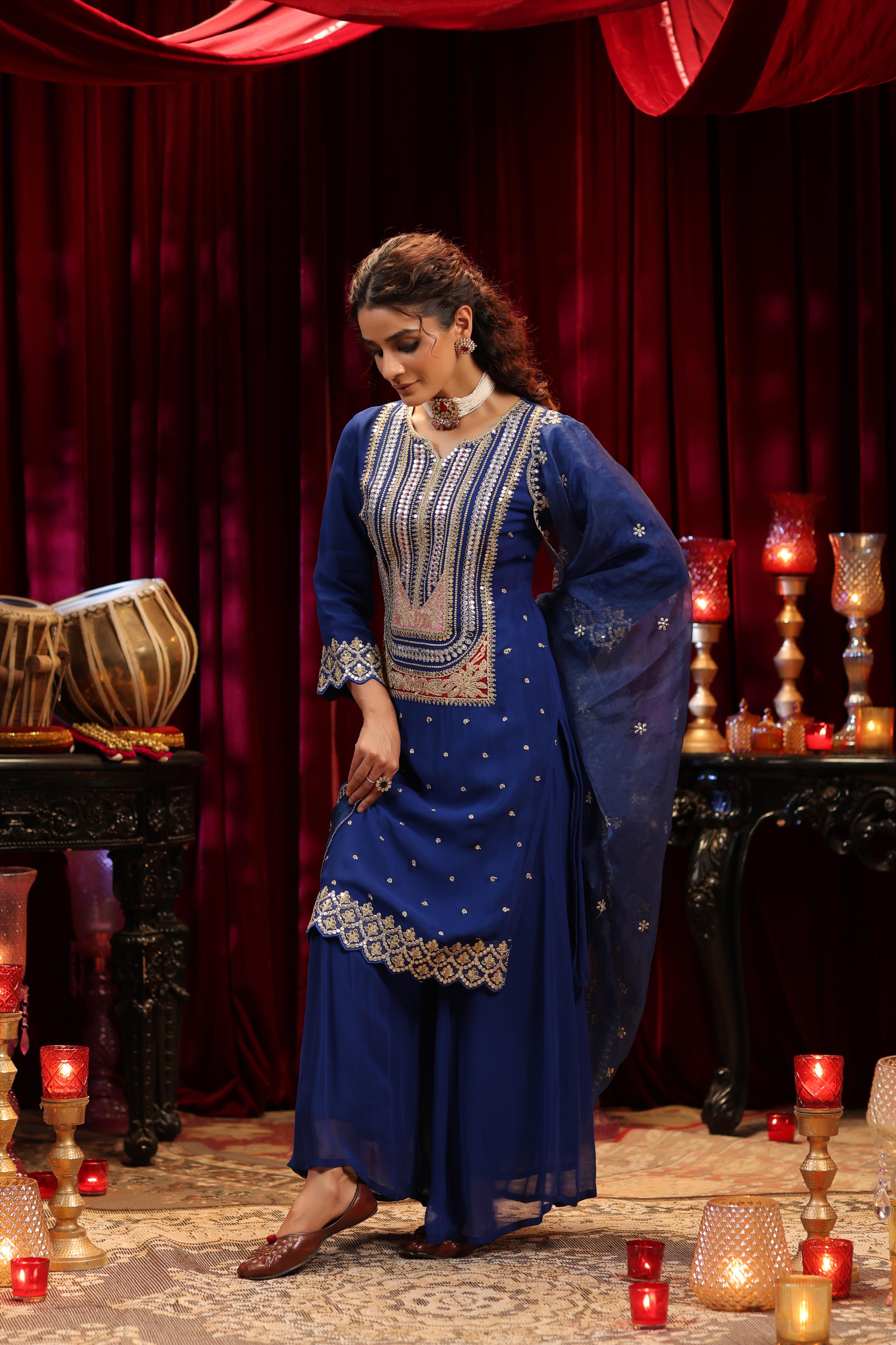 Blue Georgette Dori-Sequin Embroidered Palazzo Set