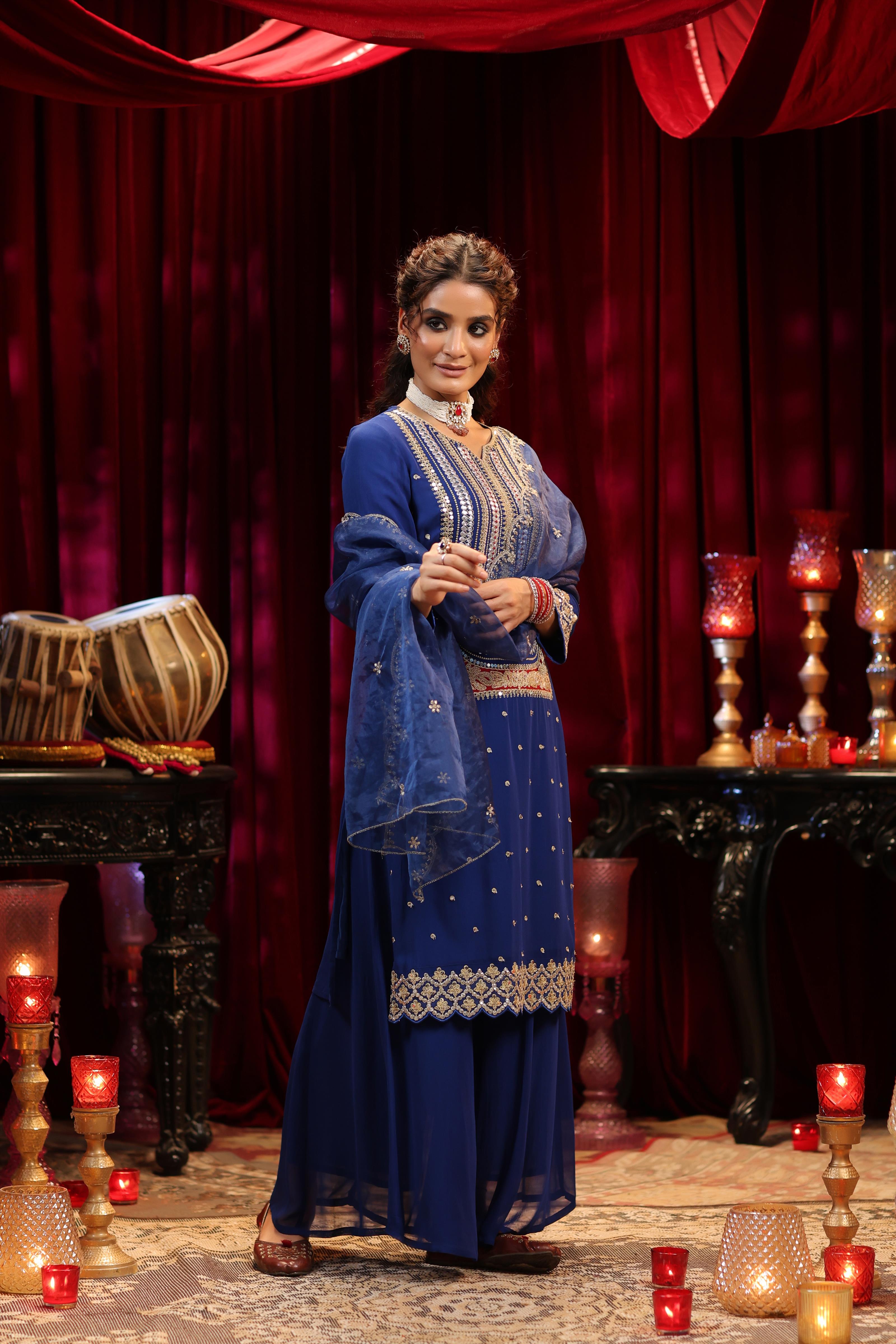 Blue Georgette Dori-Sequin Embroidered Palazzo Set