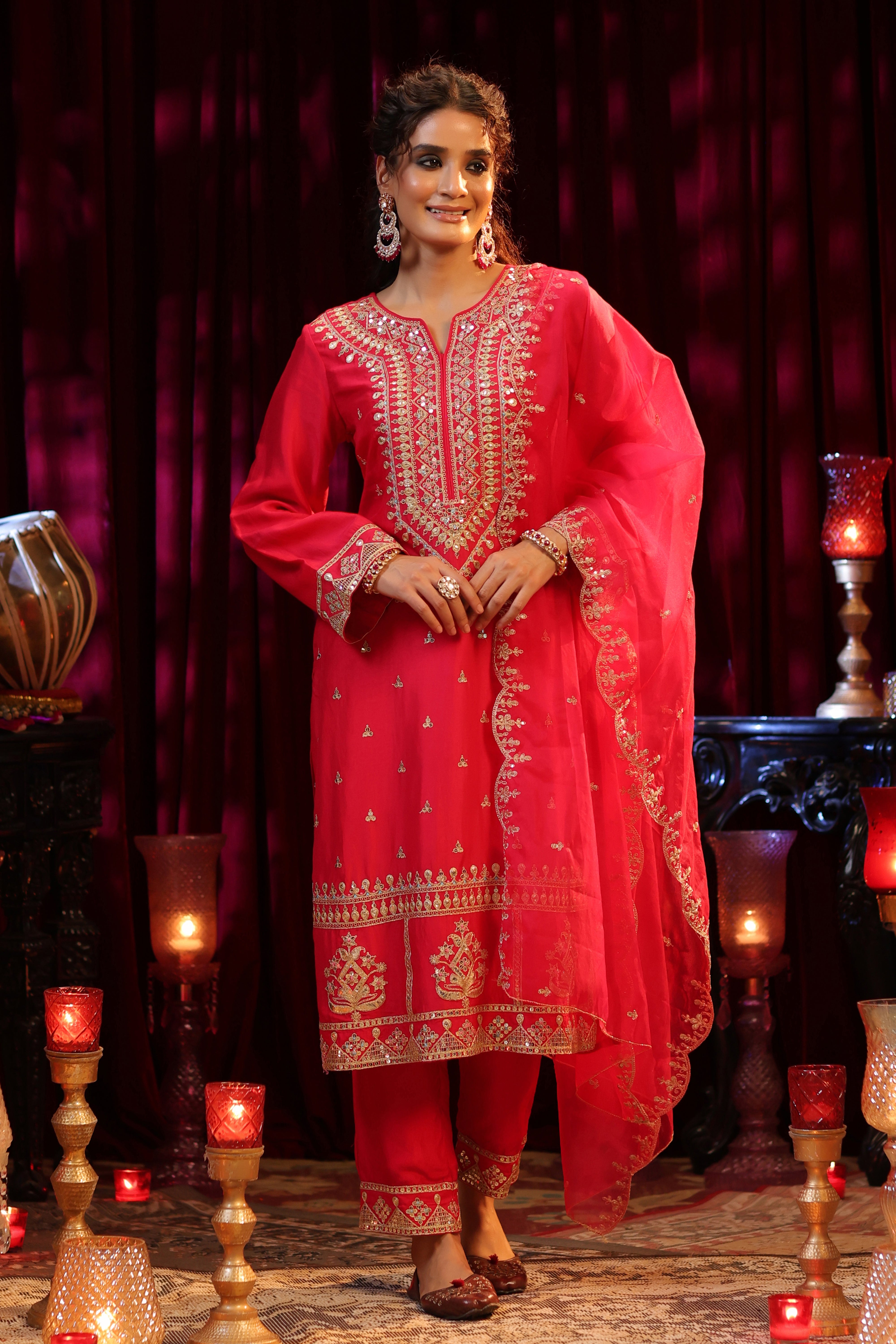 Fuchsia Dupion Silk Dori Embroidered Suit Set