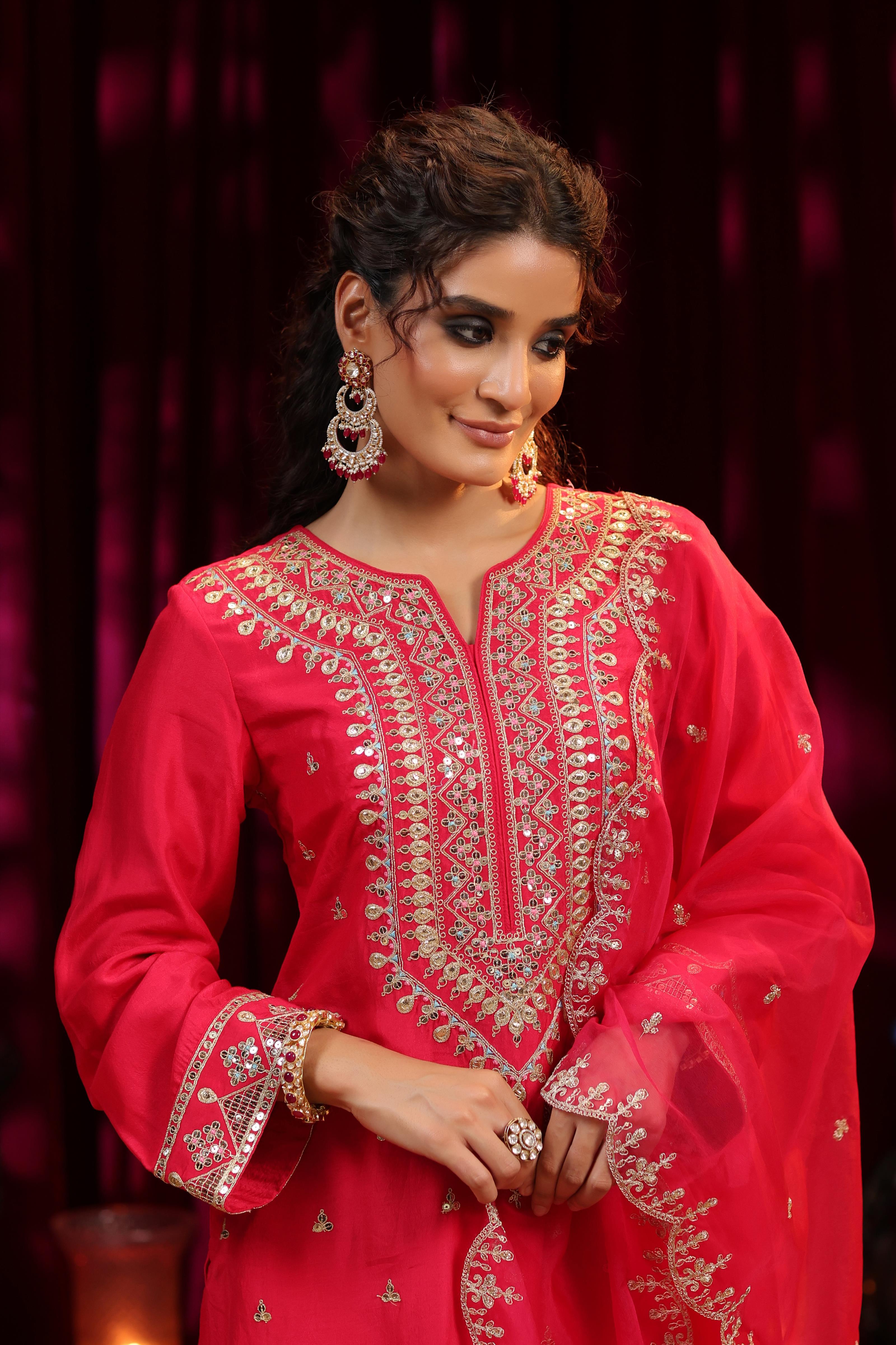 Fuchsia Dupion Silk Dori Embroidered Suit Set