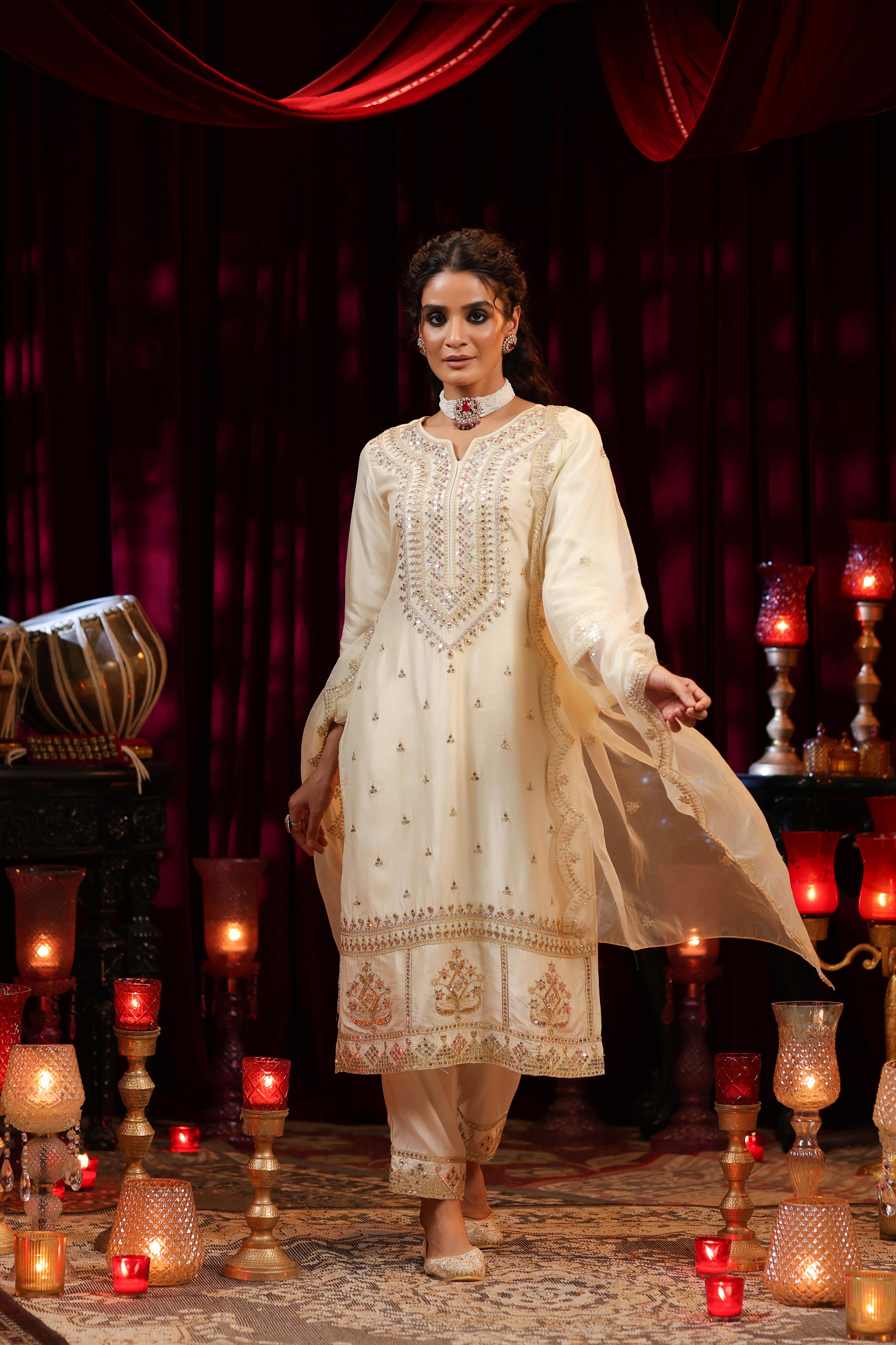 Ivory Dupion Silk Dori Embroidered Suit Set