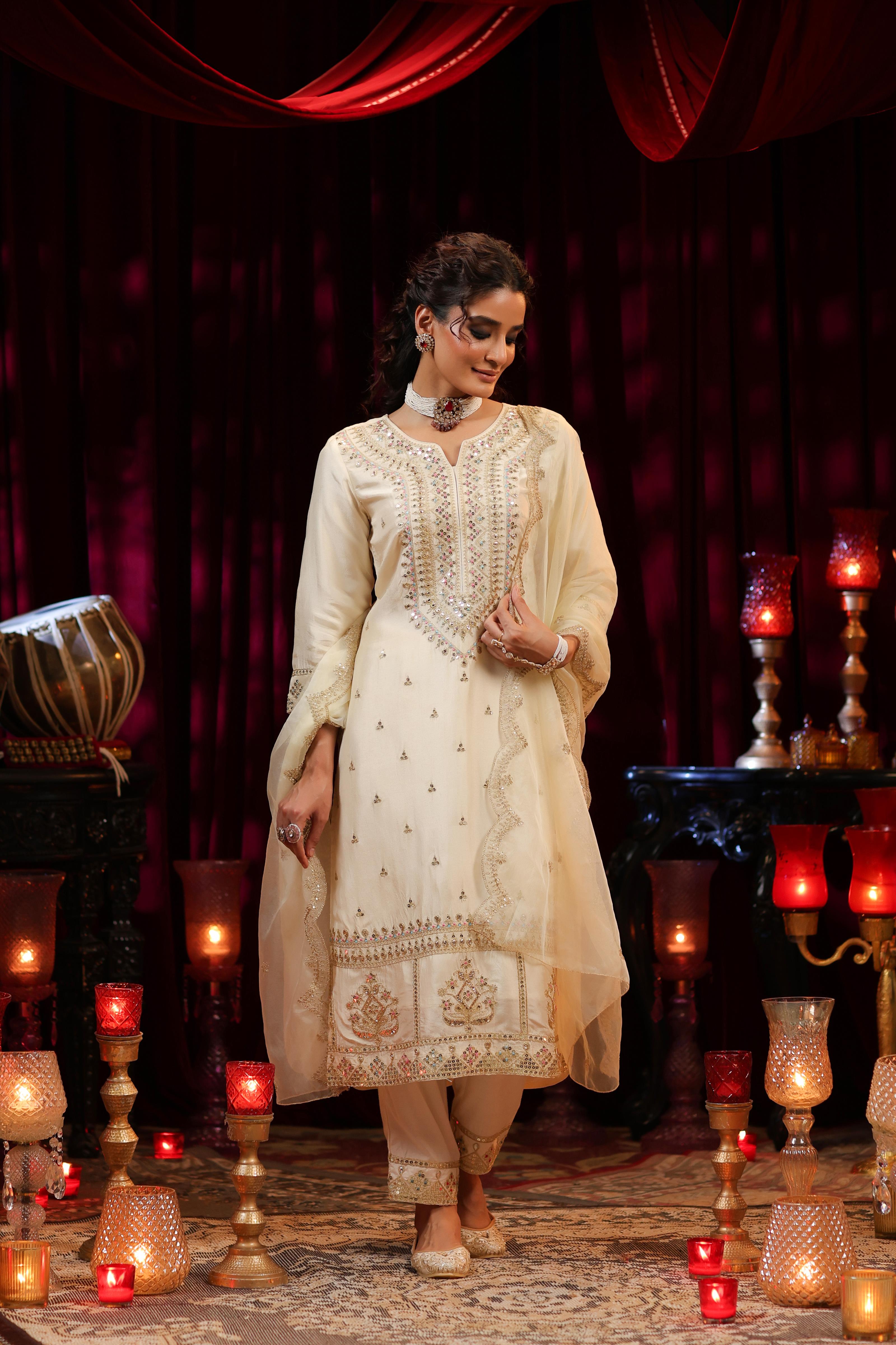 Ivory Dupion Silk Dori Embroidered Suit Set