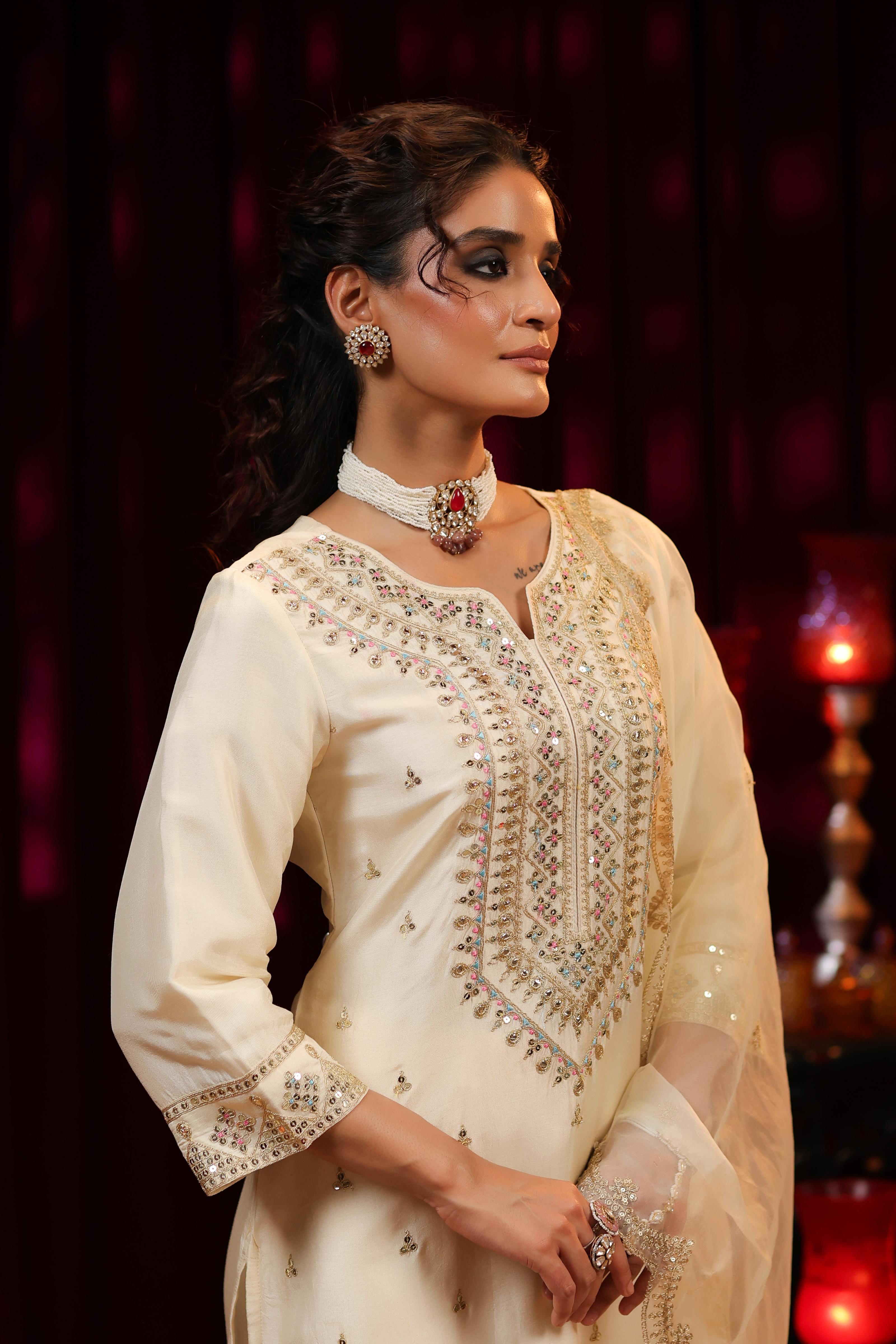 Ivory Dupion Silk Dori Embroidered Suit Set