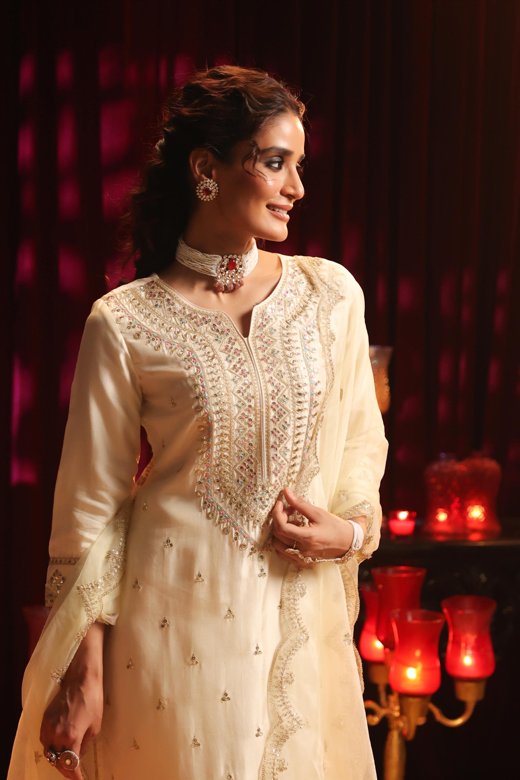 Ivory Dupion Silk Dori Embroidered Suit Set