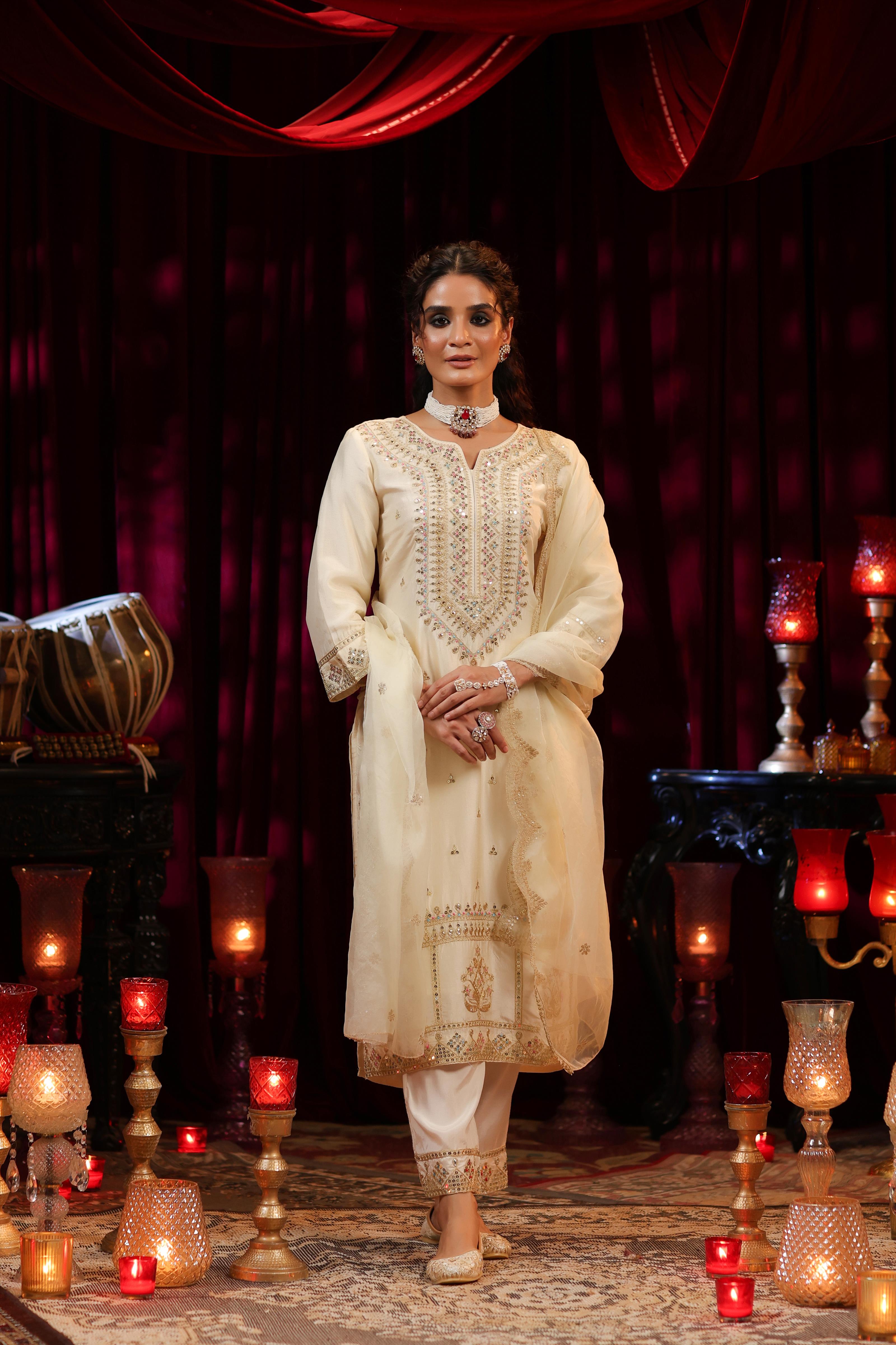 Ivory Dupion Silk Dori Embroidered Suit Set