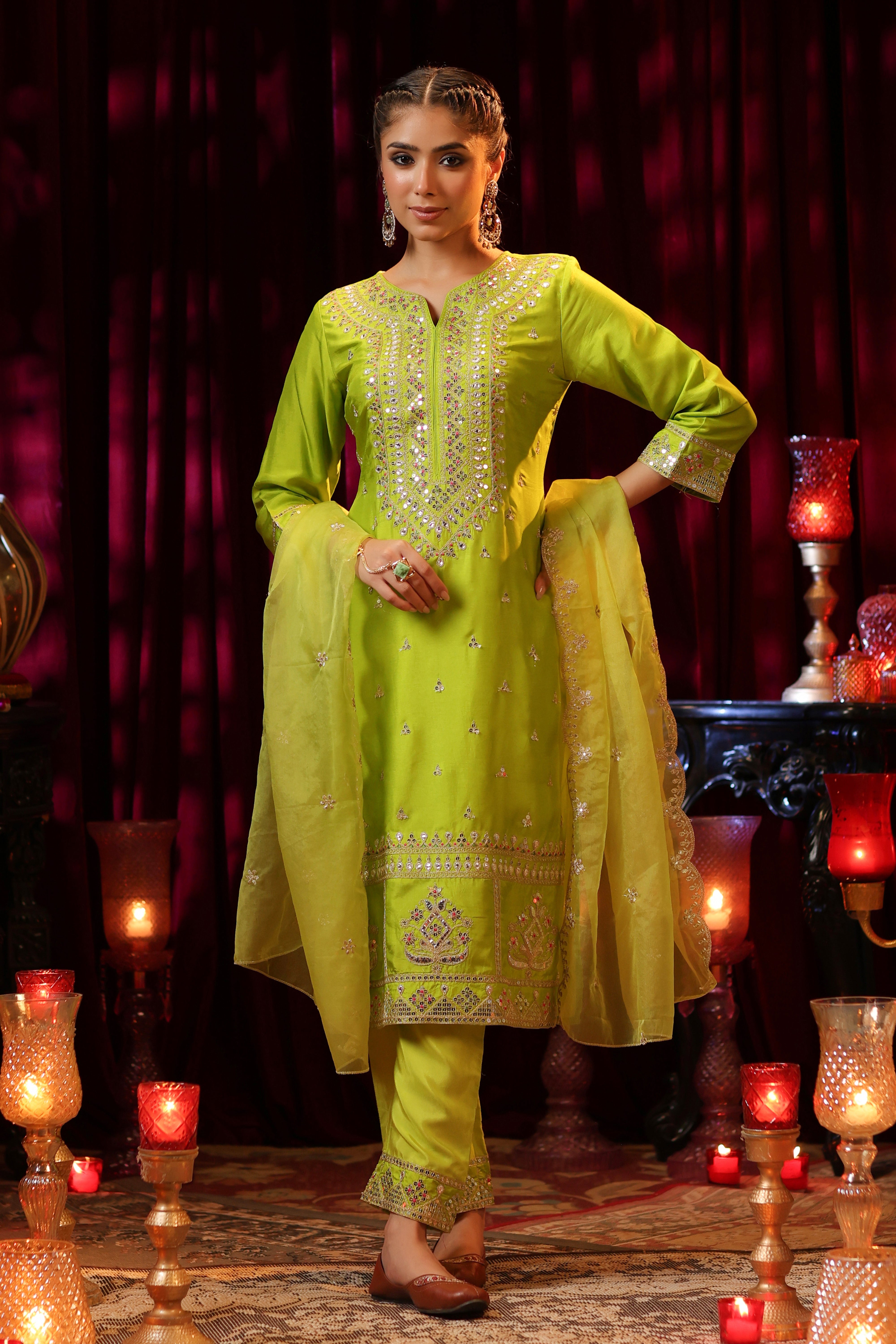 Lime Green Dupion Silk Dori Embroidered Suit Set