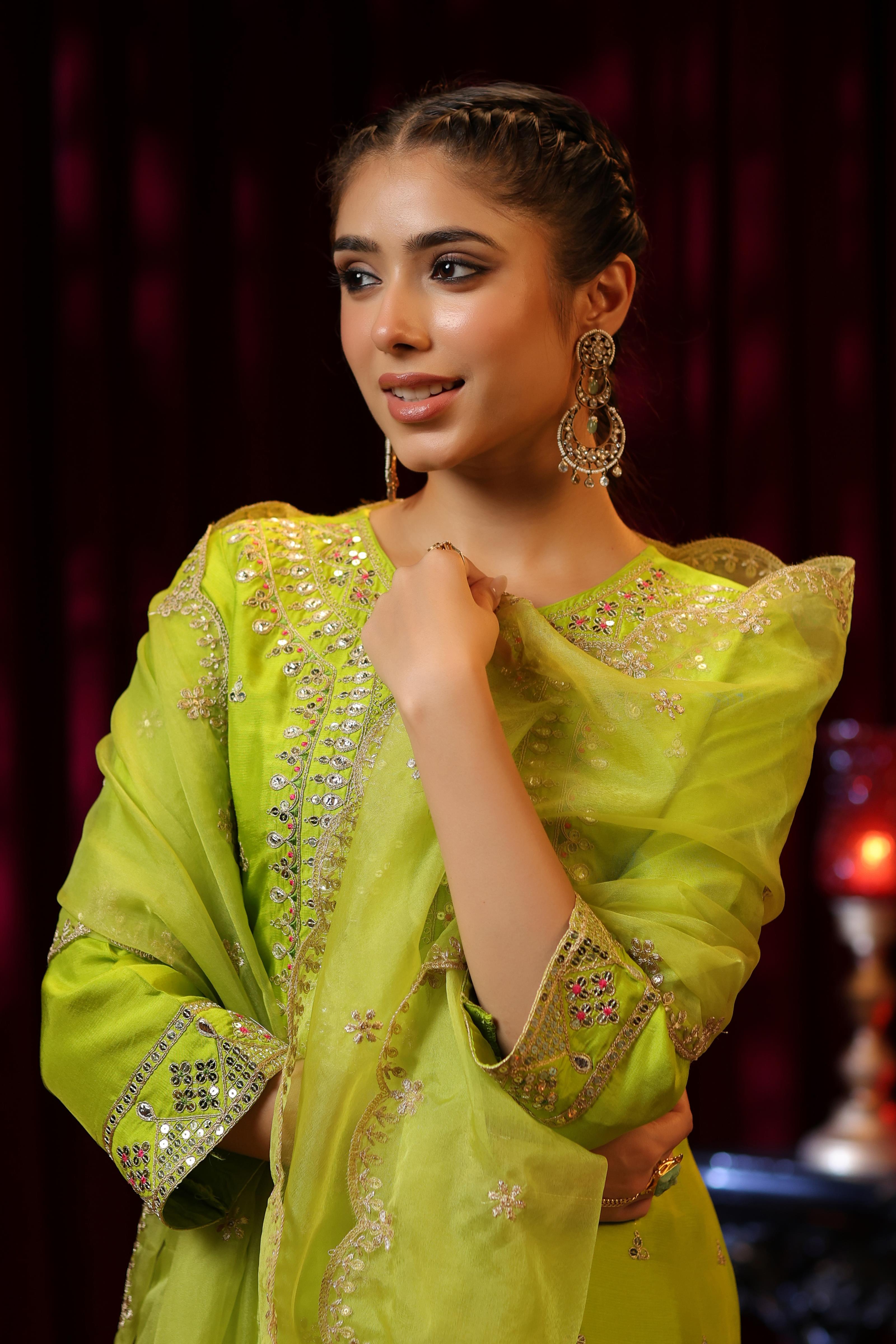 Lime Green Dupion Silk Dori Embroidered Suit Set