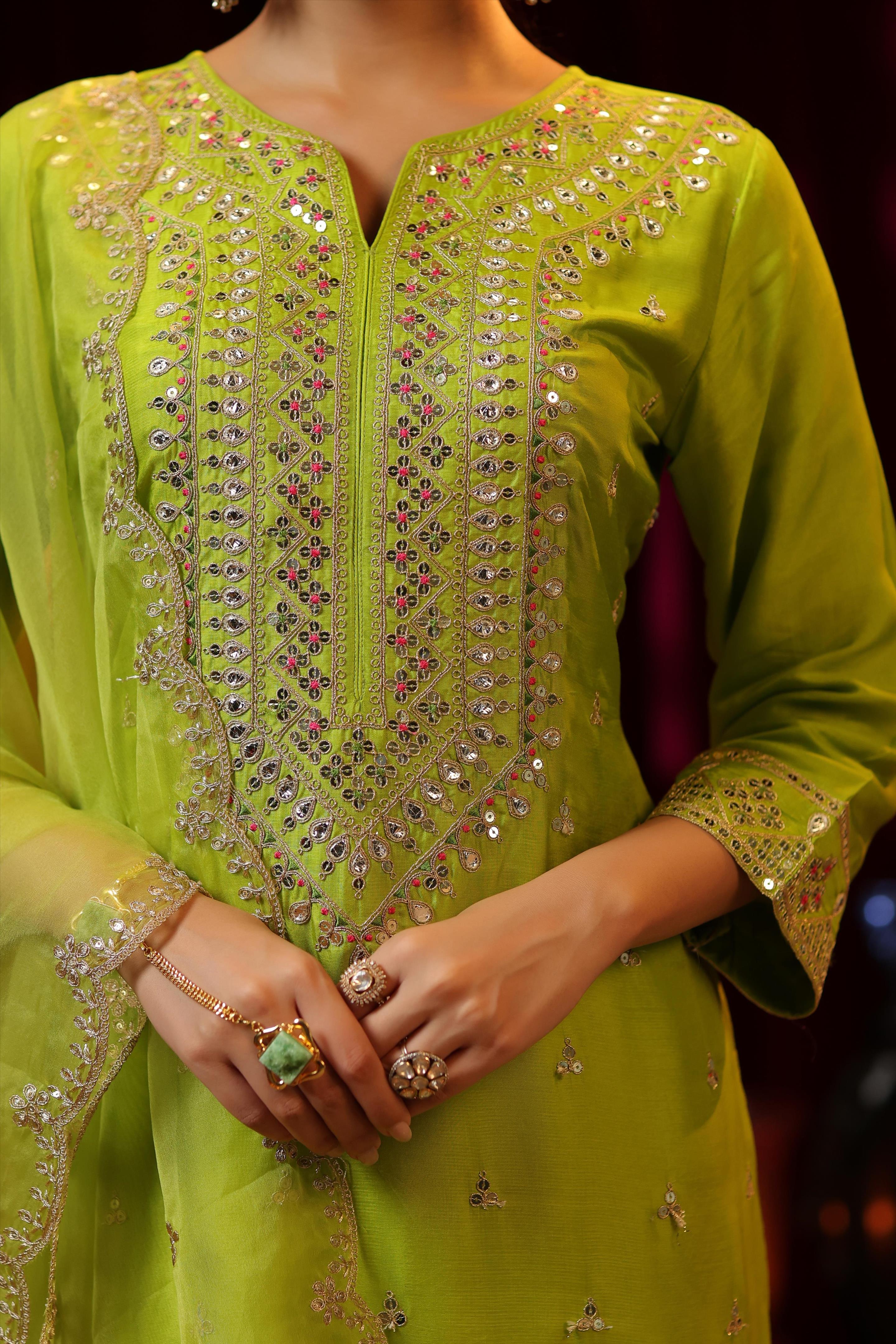 Lime Green Dupion Silk Dori Embroidered Suit Set