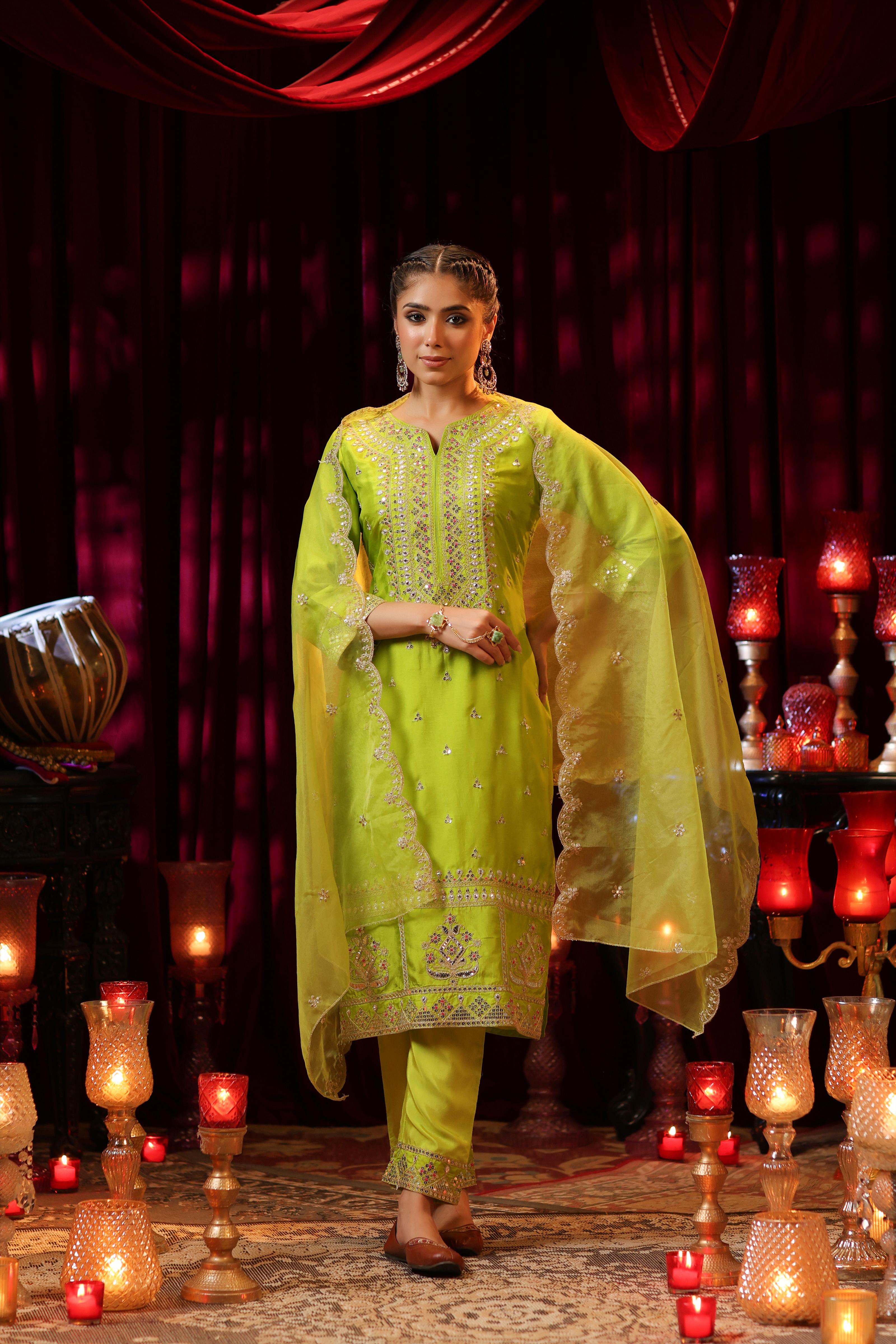 Lime Green Dupion Silk Dori Embroidered Suit Set