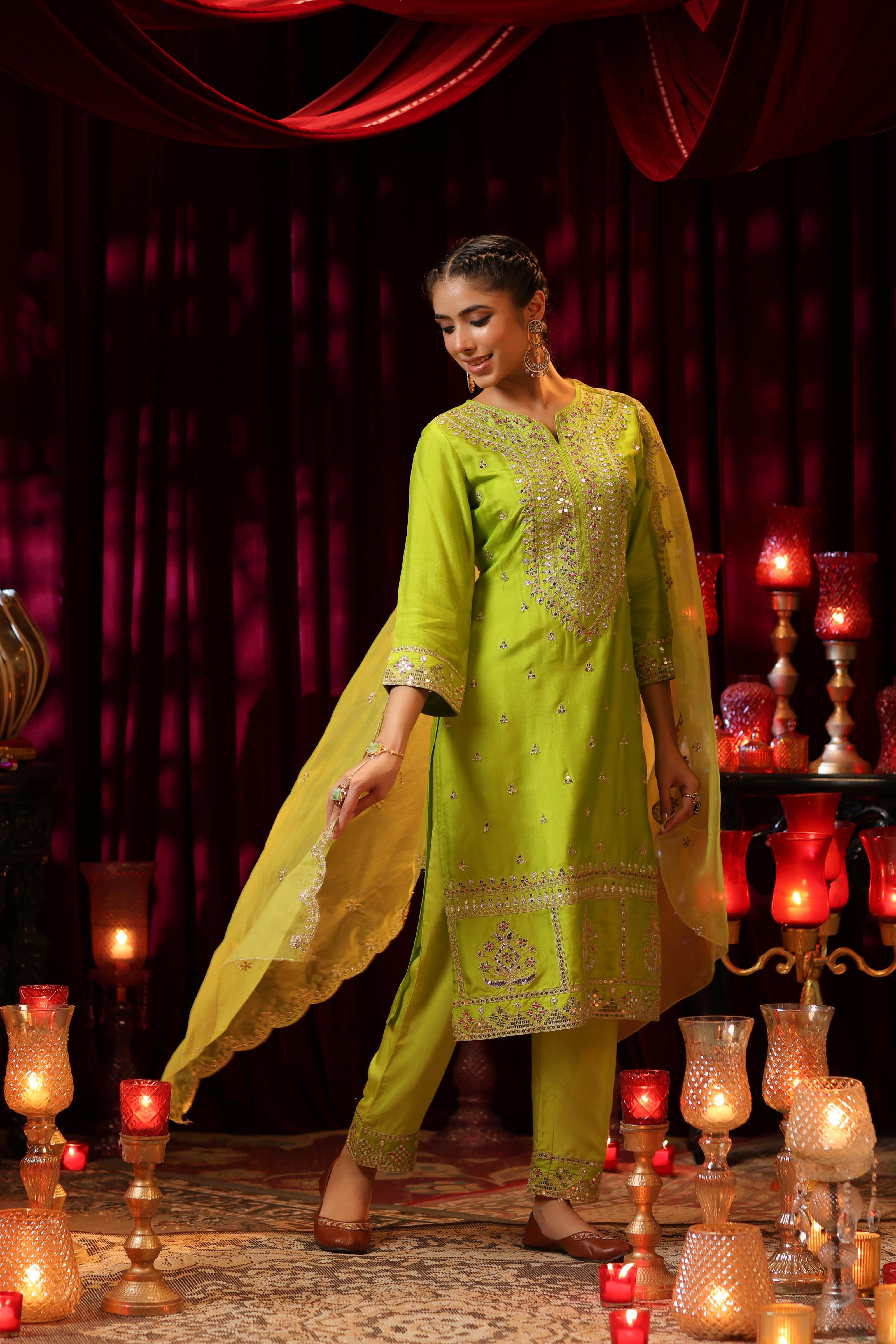 Lime Green Dupion Silk Dori Embroidered Suit Set