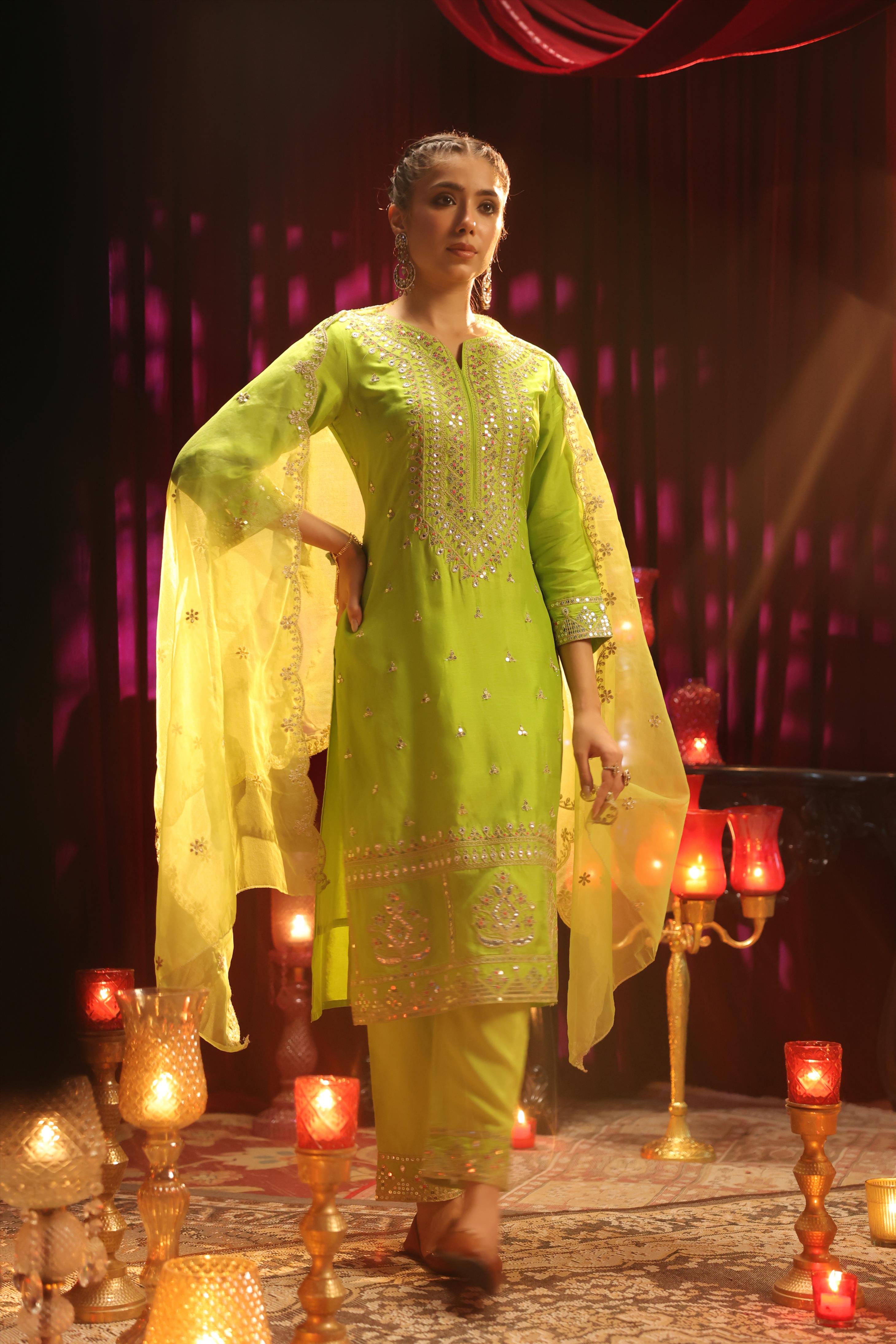 Lime Green Dupion Silk Dori Embroidered Suit Set