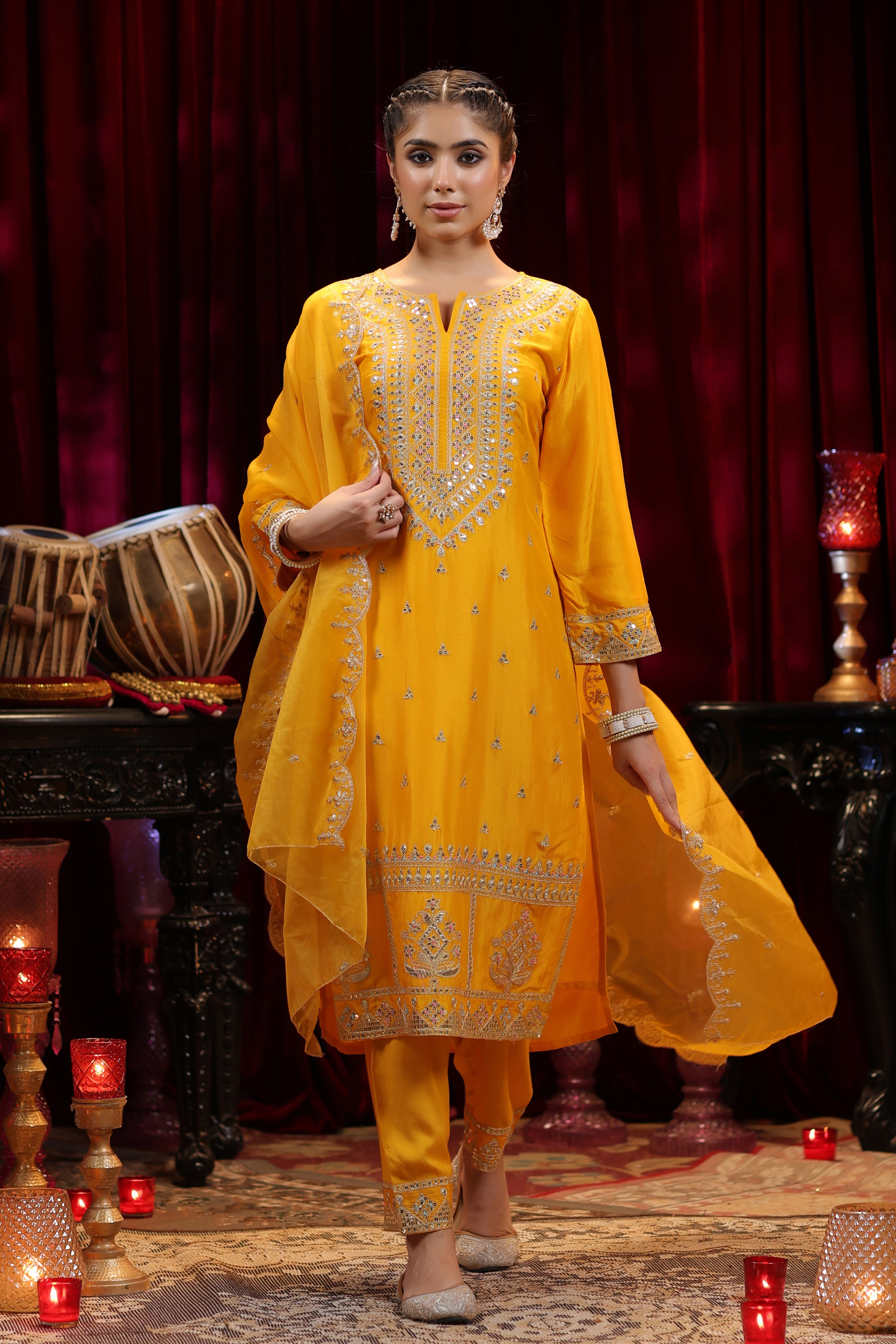 Mustard Dupion Silk Dori Embroidered Suit Set